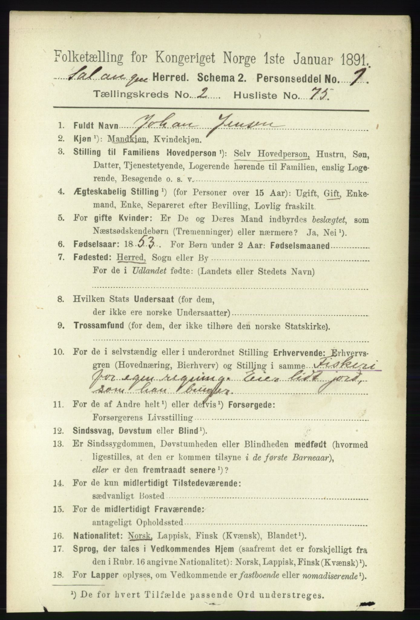 RA, 1891 census for 1921 Salangen, 1891, p. 1127