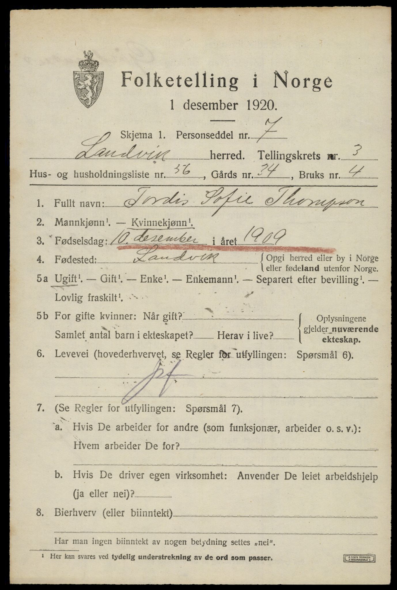 SAK, 1920 census for Landvik, 1920, p. 3444