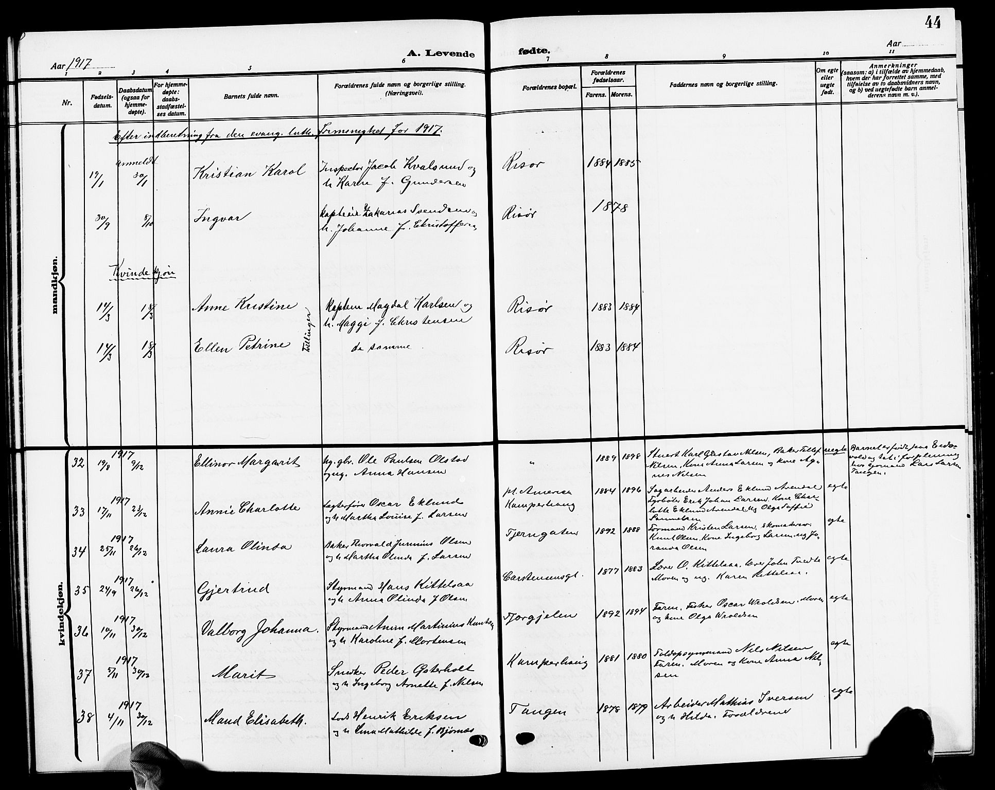 Risør sokneprestkontor, SAK/1111-0035/F/Fb/L0008: Parish register (copy) no. B 8, 1909-1921, p. 44