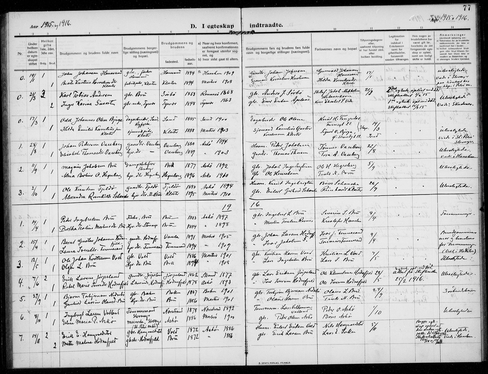 Rennesøy sokneprestkontor, AV/SAST-A -101827/H/Ha/Haa/L0017: Parish register (official) no. A 17, 1908-1926, p. 77