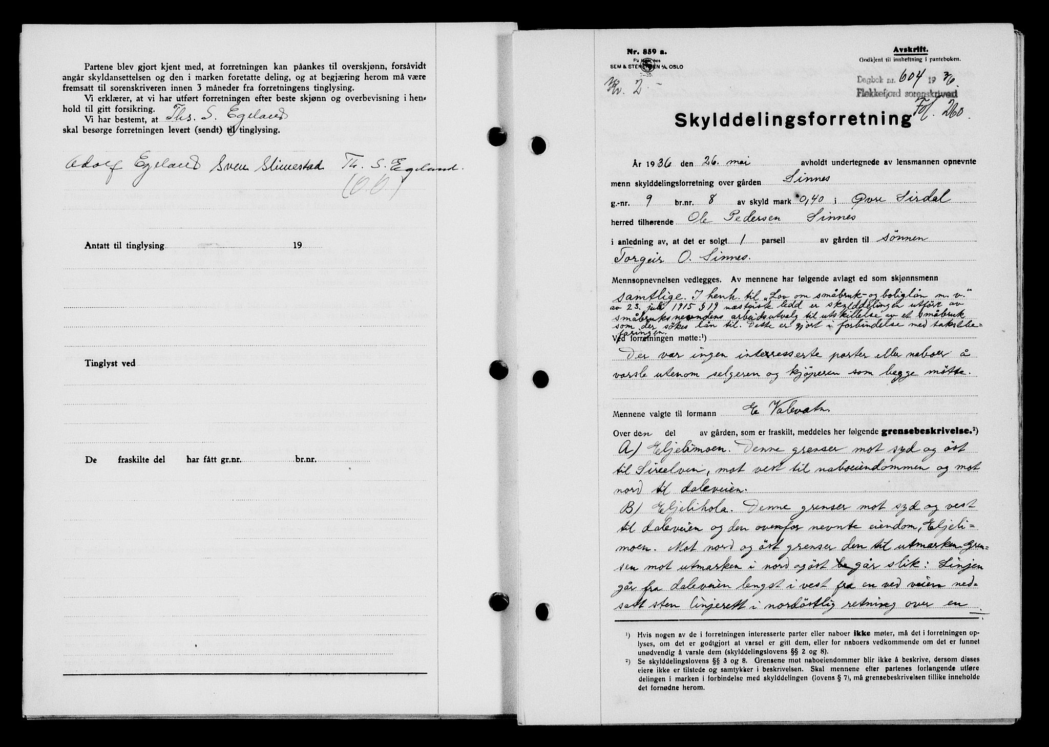 Flekkefjord sorenskriveri, SAK/1221-0001/G/Gb/Gba/L0053: Mortgage book no. A-1, 1936-1937, Diary no: : 604/1936