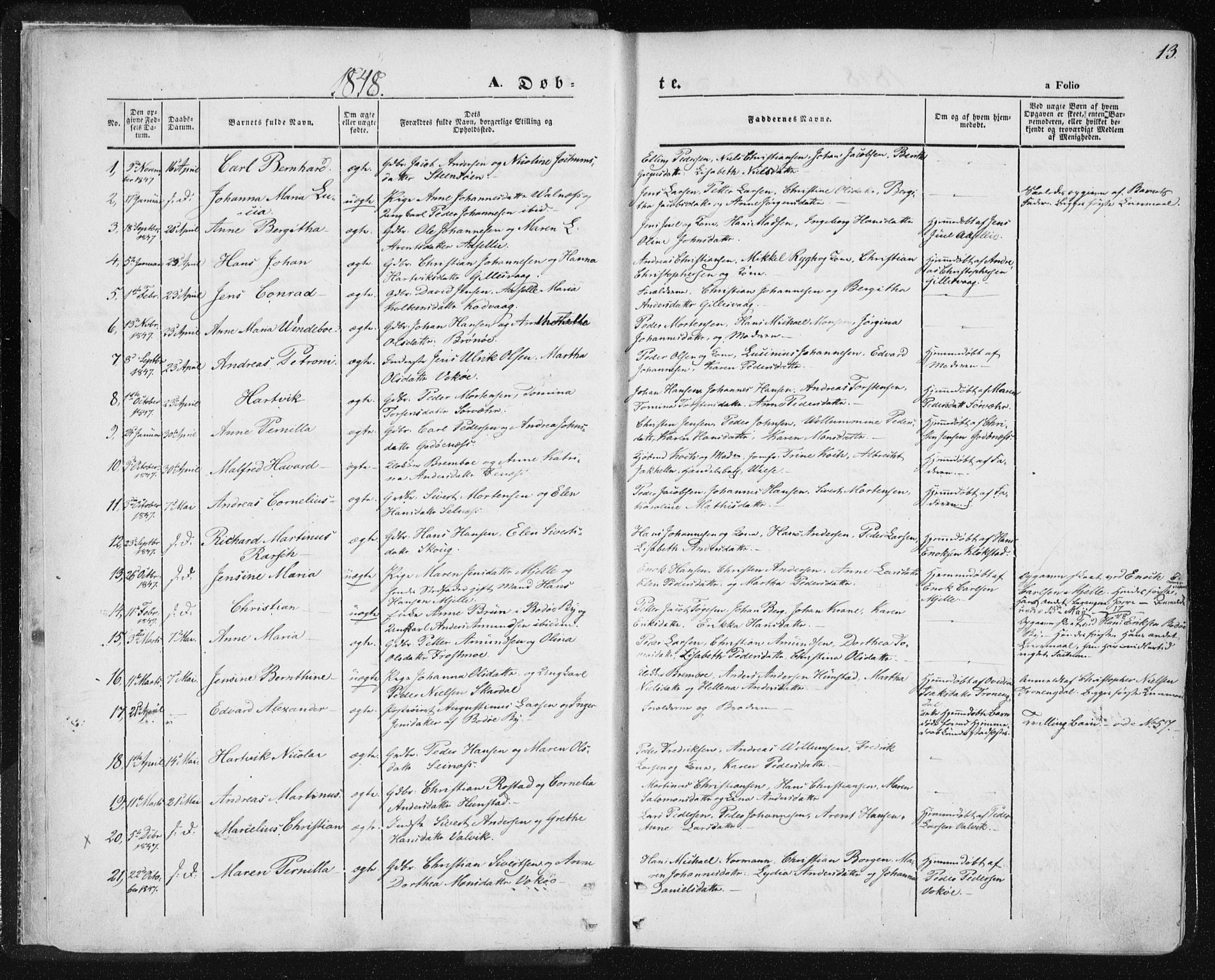 Ministerialprotokoller, klokkerbøker og fødselsregistre - Nordland, AV/SAT-A-1459/801/L0007: Parish register (official) no. 801A07, 1845-1863, p. 13