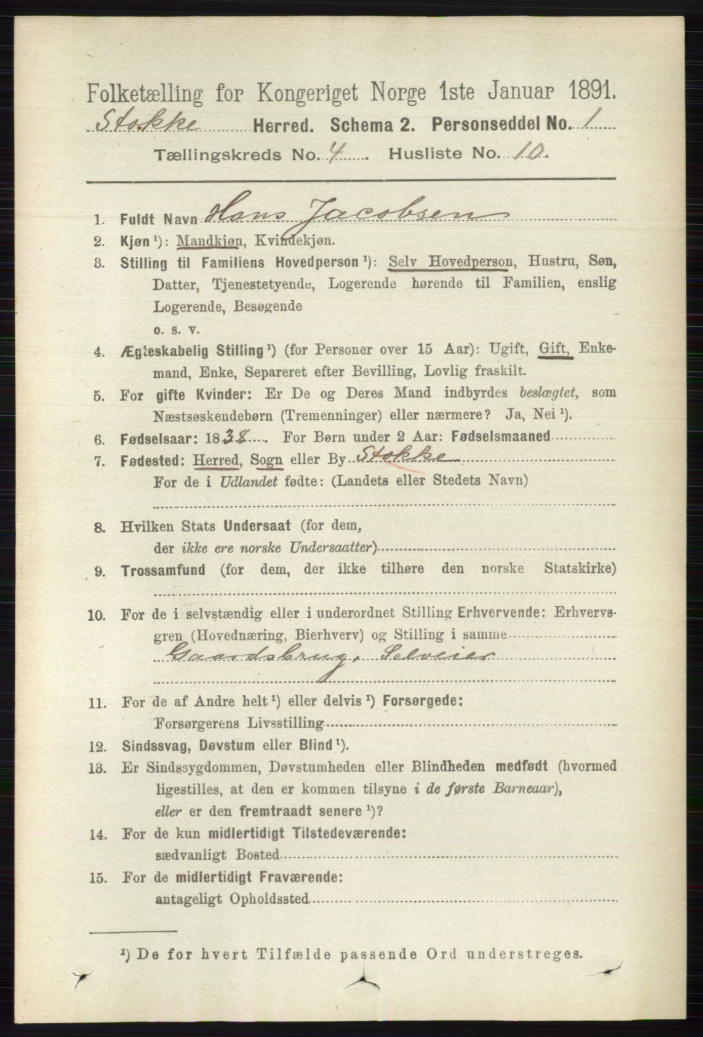 RA, 1891 census for 0720 Stokke, 1891, p. 2492