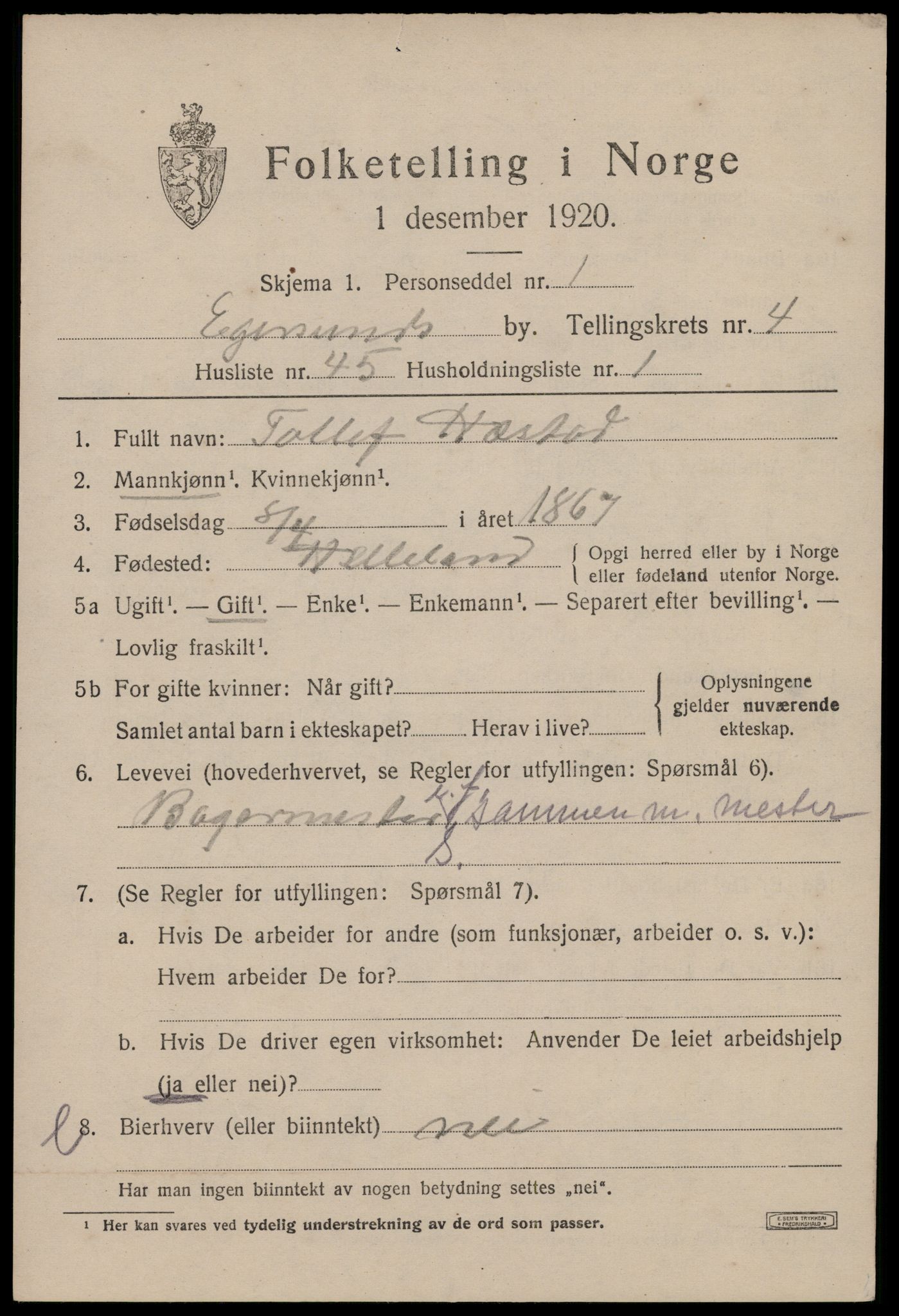 SAST, 1920 census for Egersund town, 1920, p. 7046