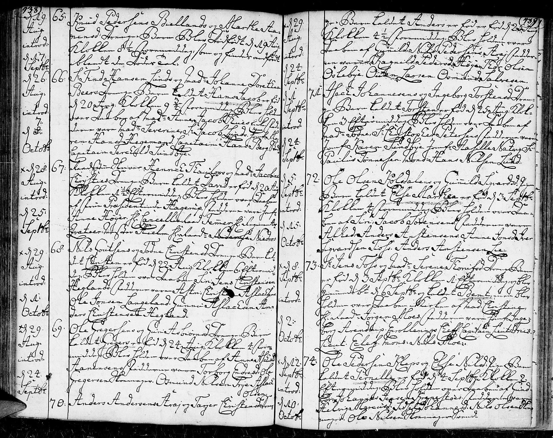 Kristiansand domprosti, AV/SAK-1112-0006/F/Fa/L0002: Parish register (official) no. A 2, 1755-1778, p. 438-439