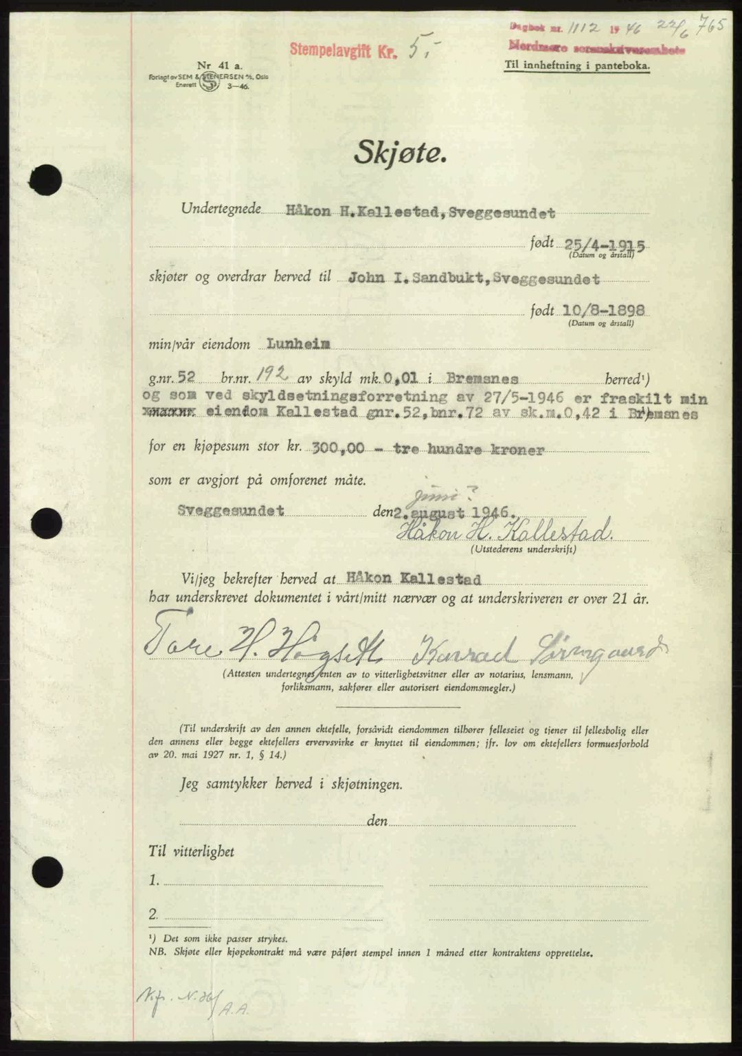 Nordmøre sorenskriveri, AV/SAT-A-4132/1/2/2Ca: Mortgage book no. A101, 1946-1946, Diary no: : 1112/1946