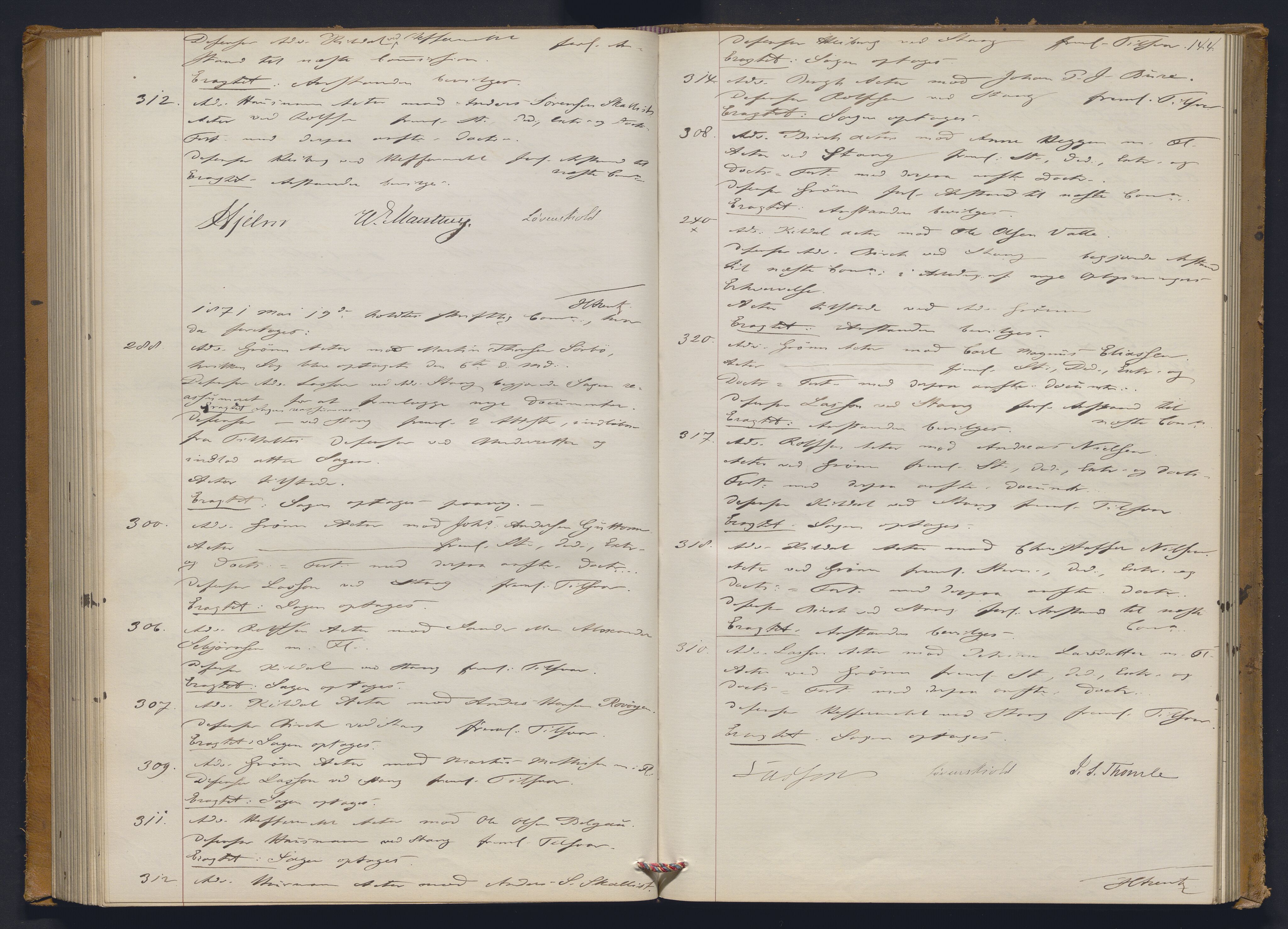 Høyesterett, AV/RA-S-1002/E/Ef/L0012: Protokoll over saker som gikk til skriftlig behandling, 1867-1873, p. 143b-144a