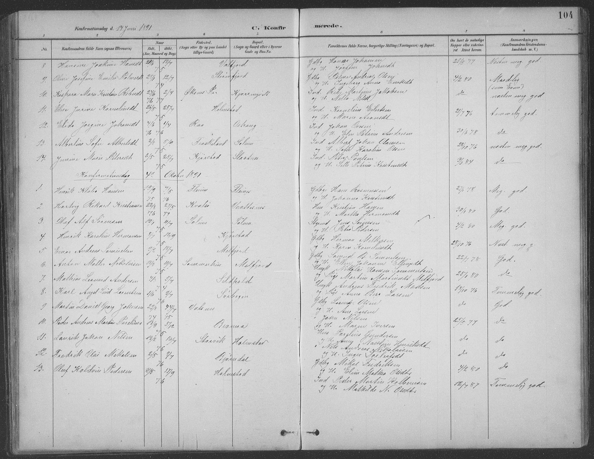 Ministerialprotokoller, klokkerbøker og fødselsregistre - Nordland, AV/SAT-A-1459/890/L1290: Parish register (copy) no. 890C01, 1882-1911, p. 104