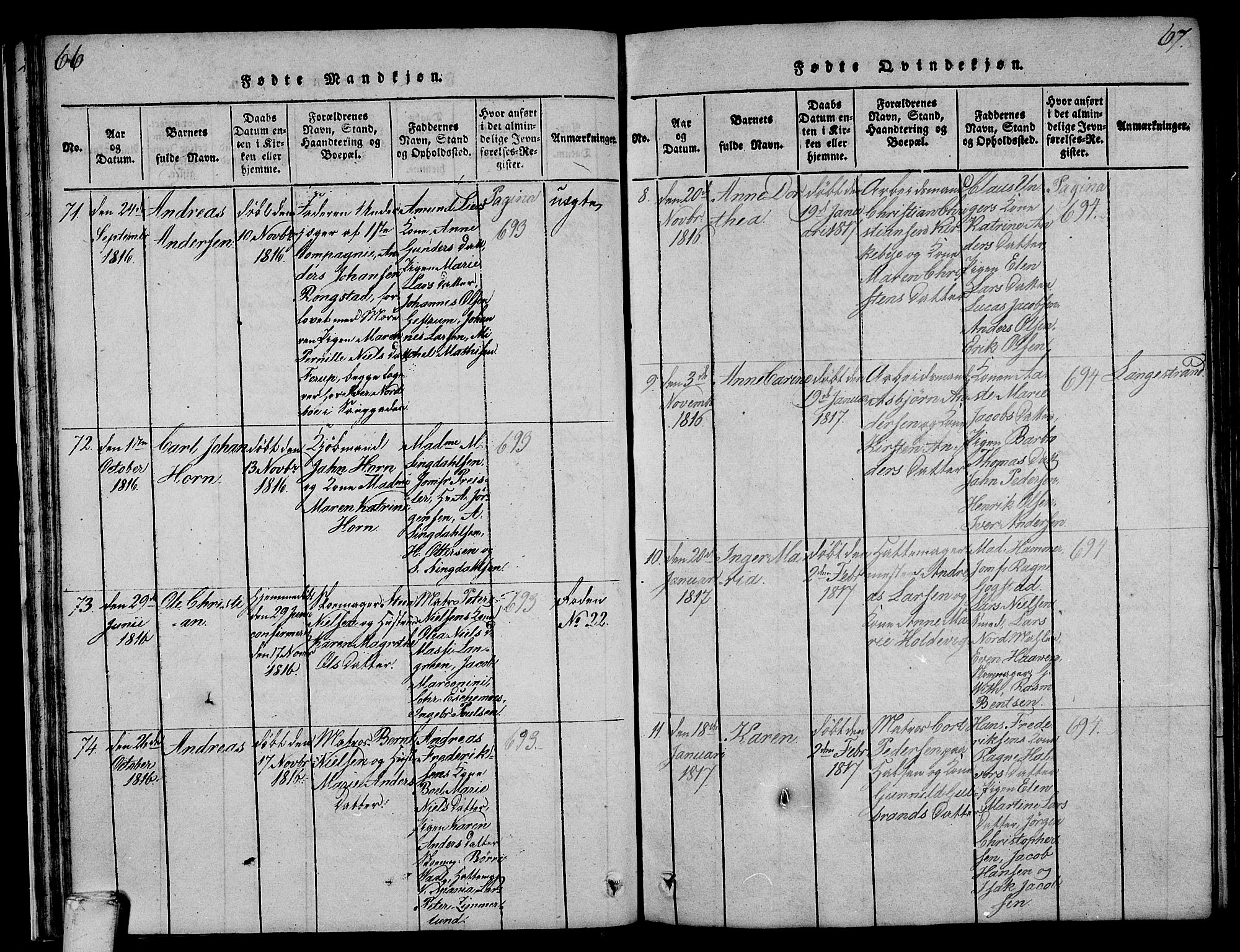 Larvik kirkebøker, AV/SAKO-A-352/F/Fa/L0001: Parish register (official) no. I 1, 1814-1825, p. 66-67