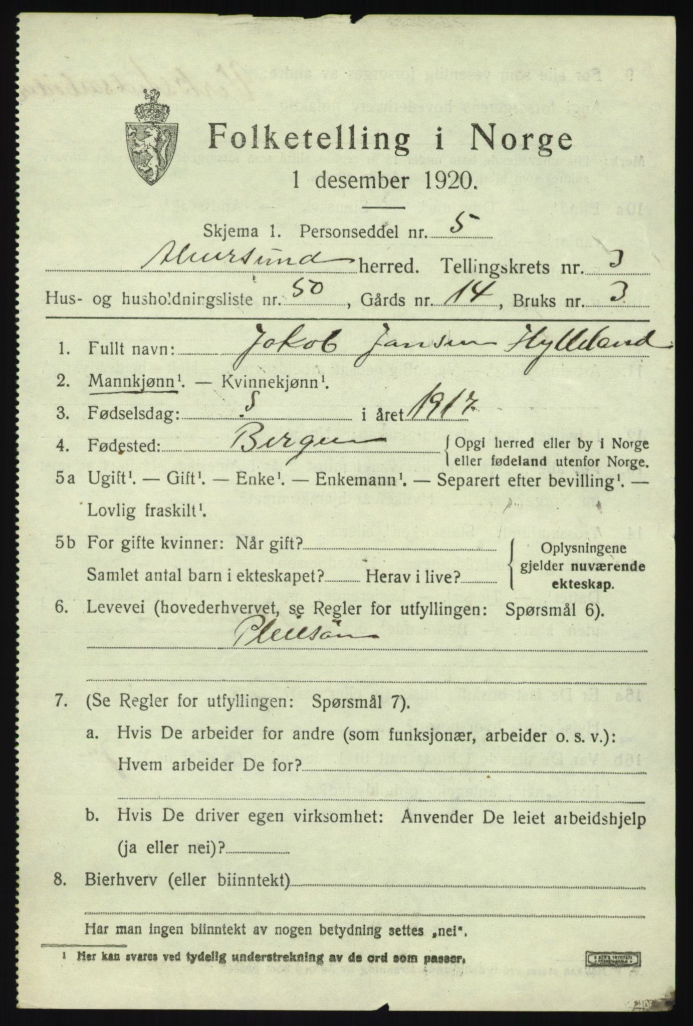 SAB, 1920 census for Alversund, 1920, p. 2654