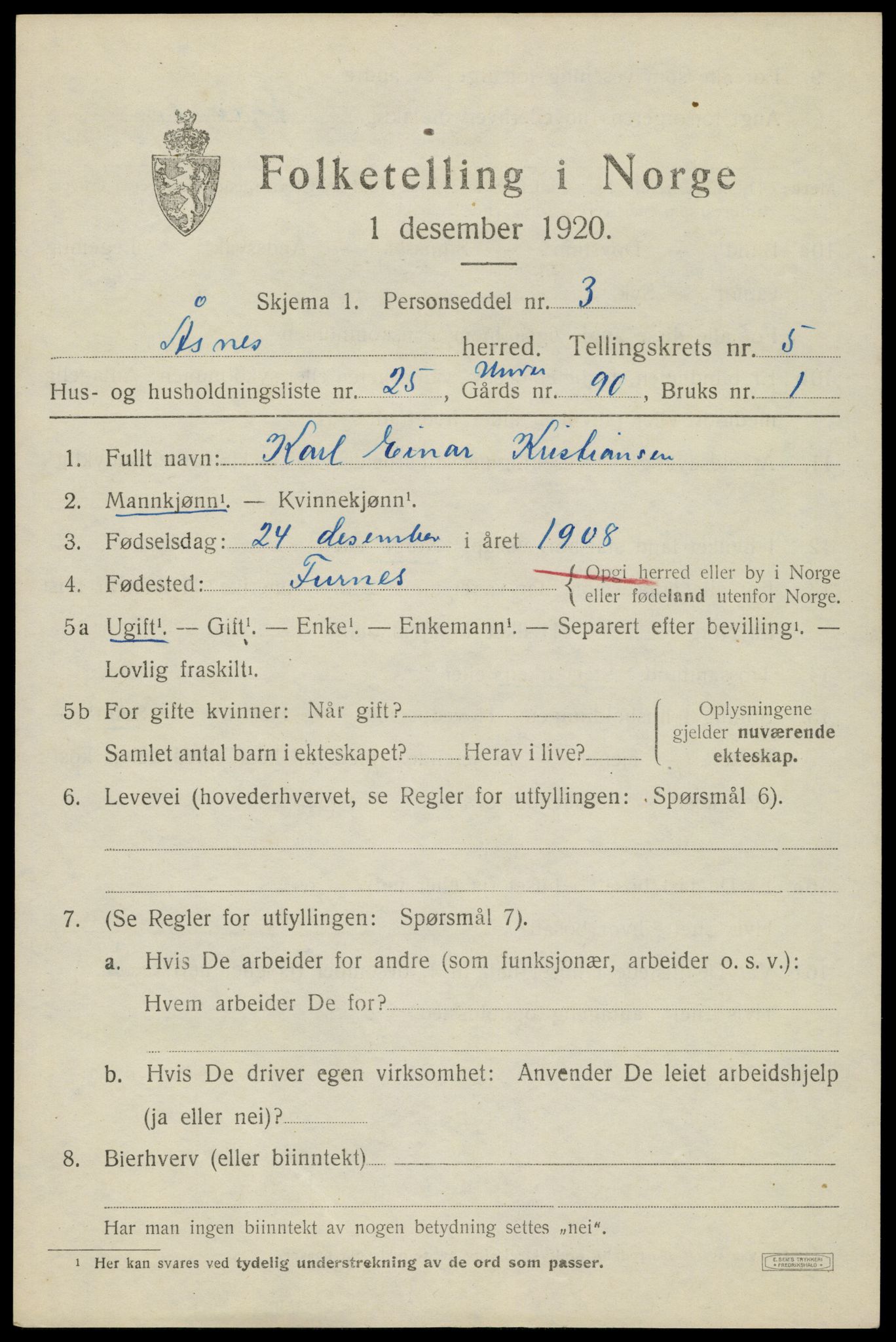 SAH, 1920 census for Åsnes, 1920, p. 6954