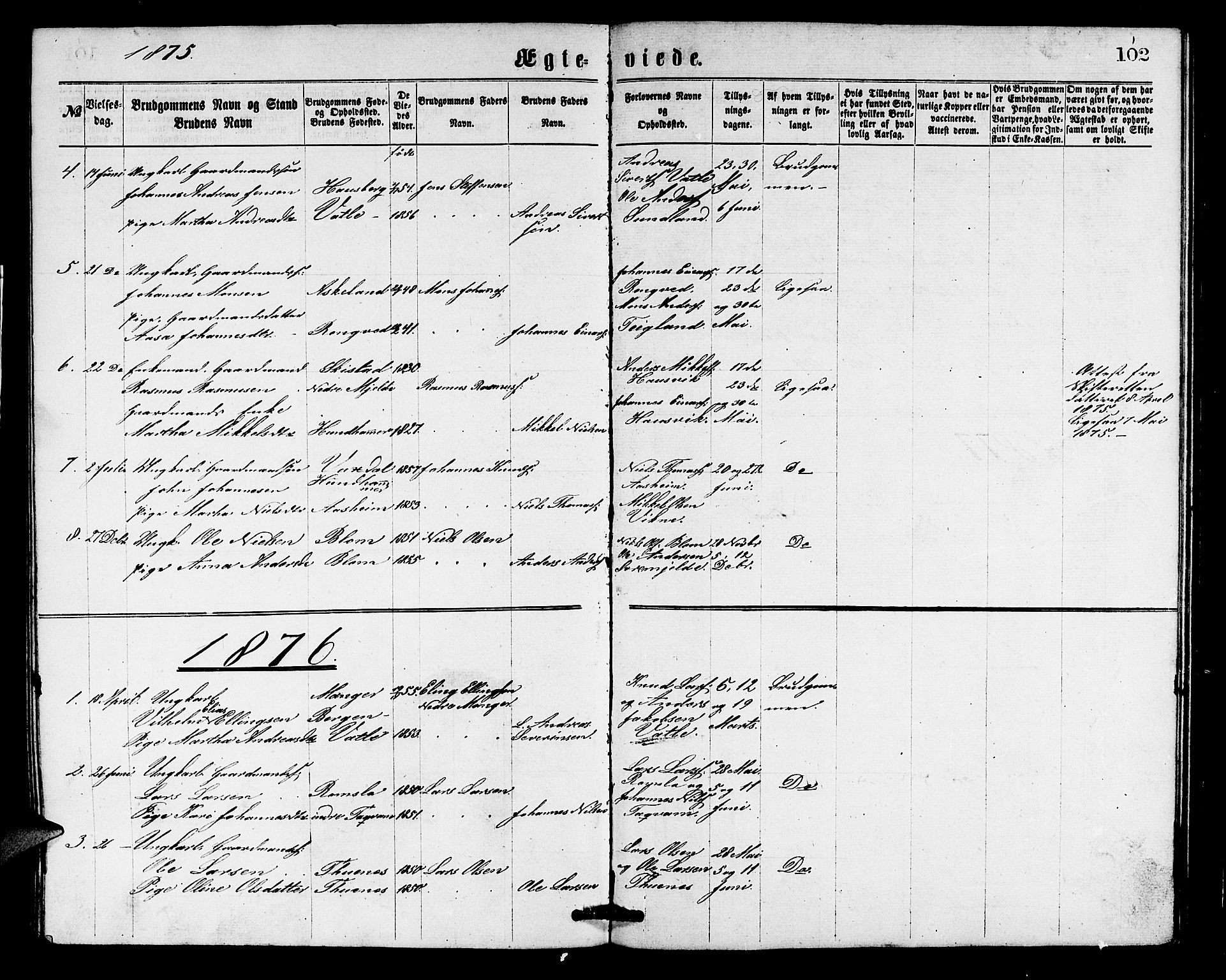 Haus sokneprestembete, SAB/A-75601/H/Hab: Parish register (copy) no. B 1, 1869-1878, p. 102