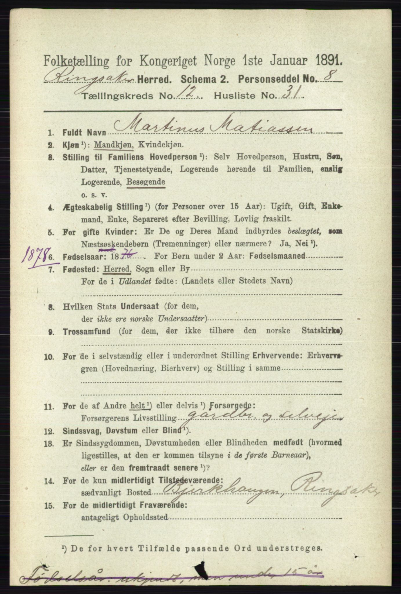 RA, 1891 census for 0412 Ringsaker, 1891, p. 6924