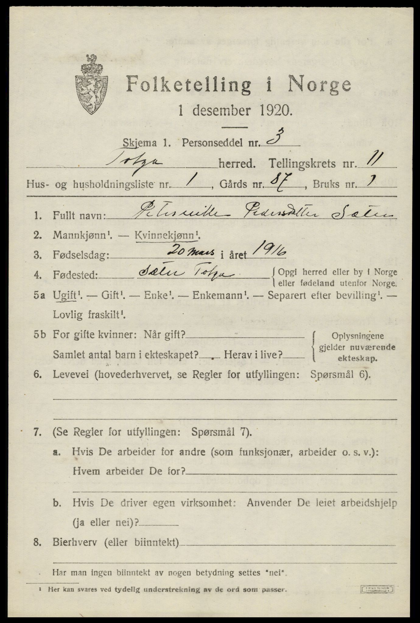 SAH, 1920 census for Tolga, 1920, p. 5191