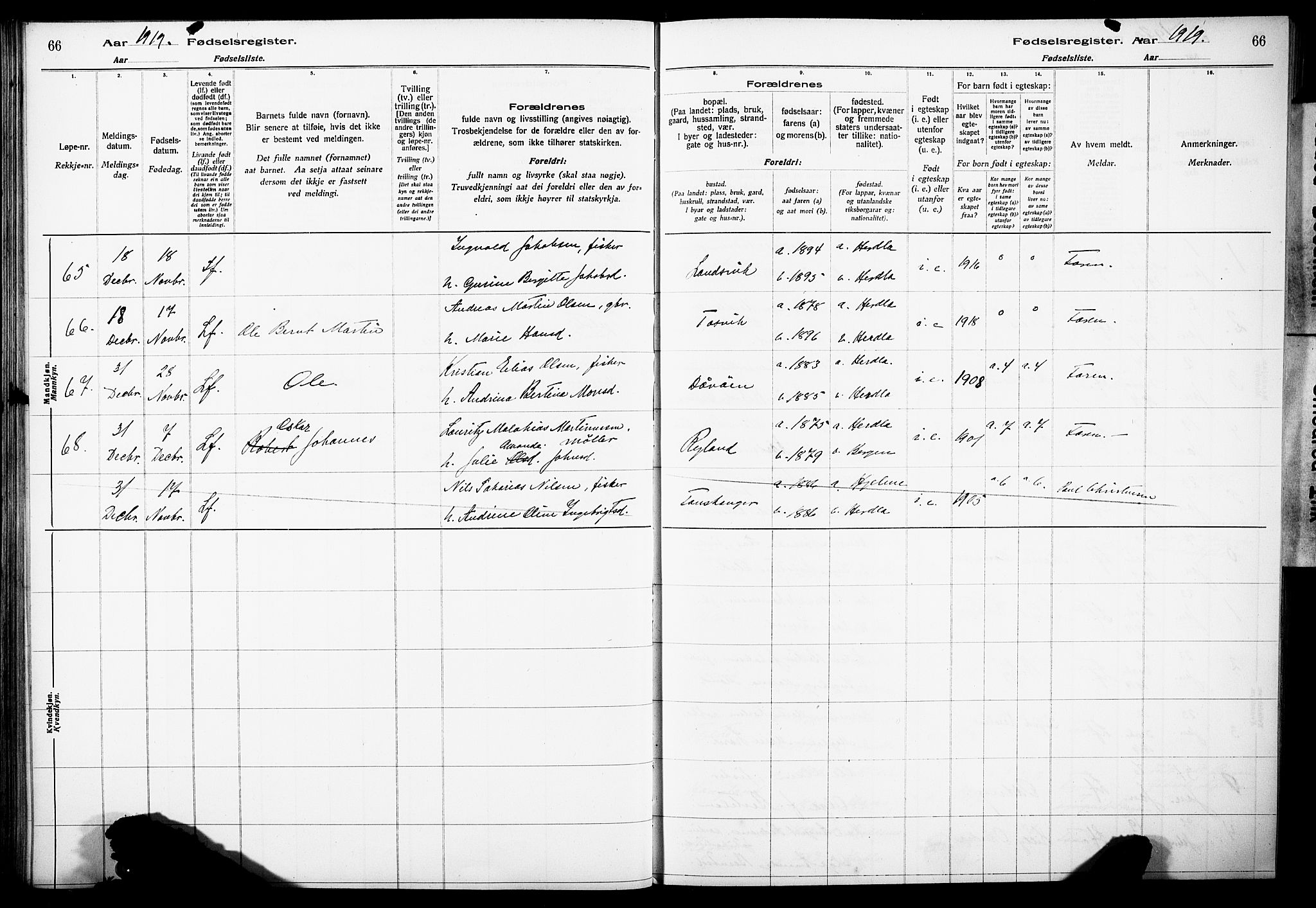 Herdla Sokneprestembete, AV/SAB-A-75701/I/Id/L00A1: Birth register no. A 1, 1916-1929, p. 66