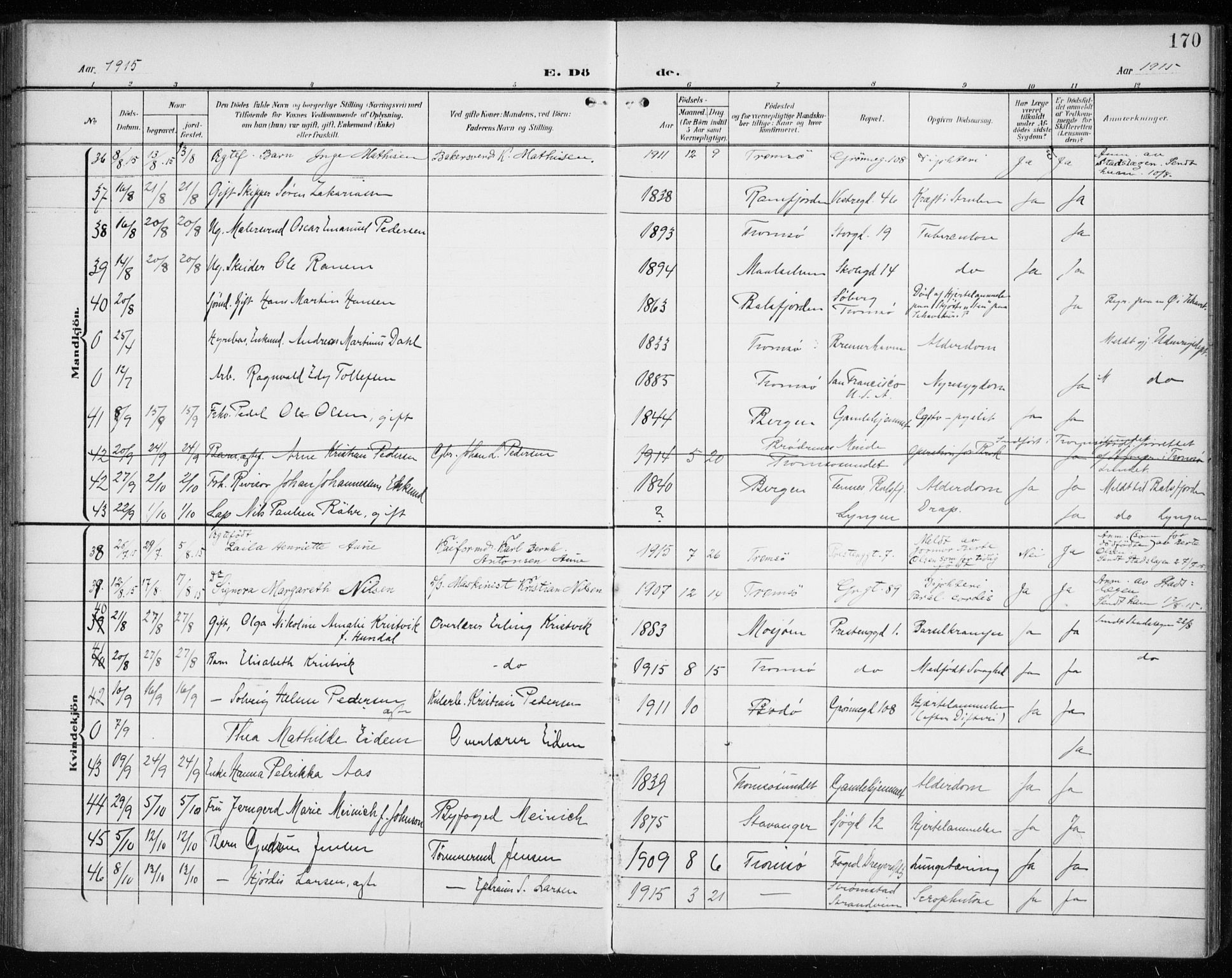 Tromsø sokneprestkontor/stiftsprosti/domprosti, AV/SATØ-S-1343/G/Ga/L0018kirke: Parish register (official) no. 18, 1907-1917, p. 170