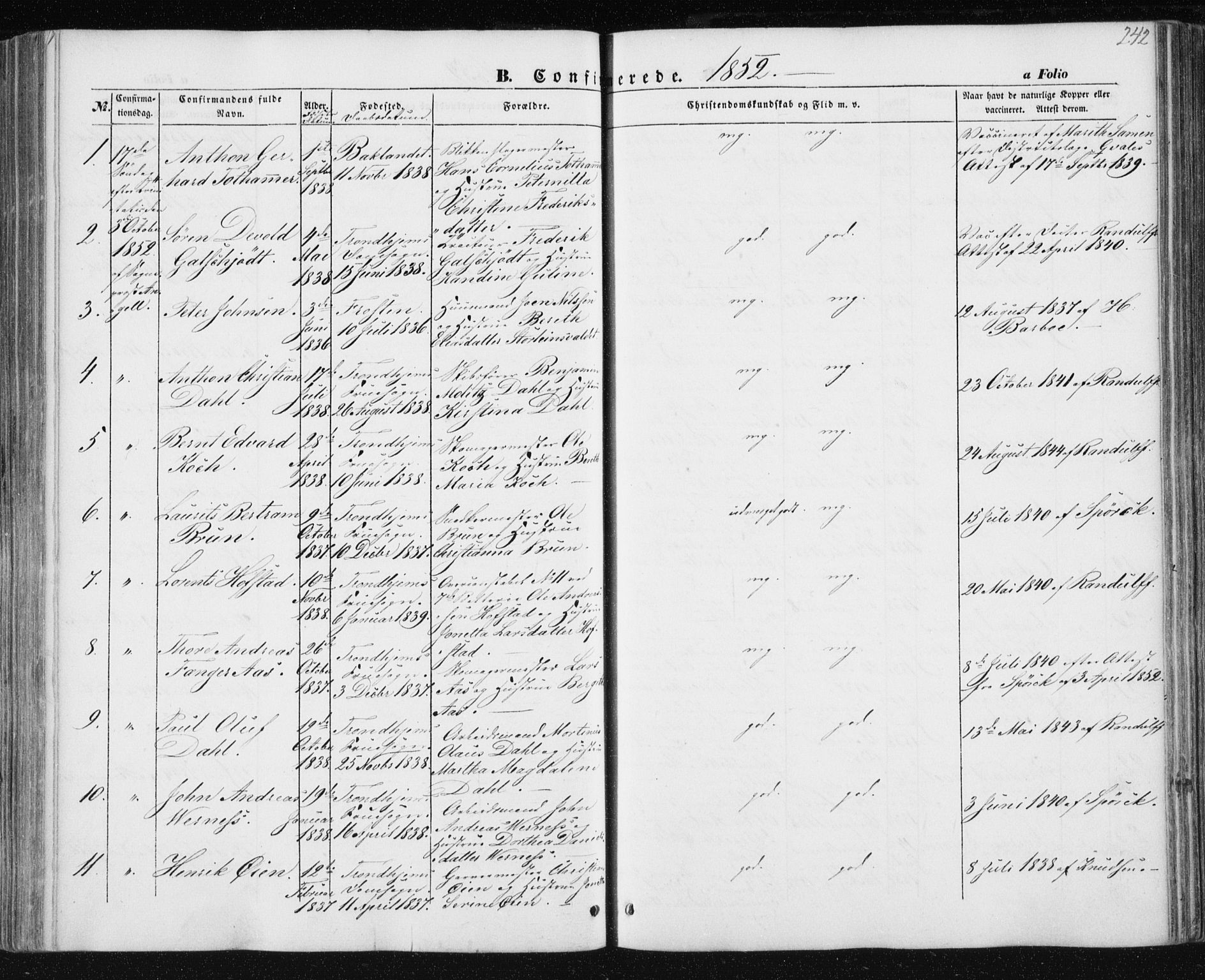 Ministerialprotokoller, klokkerbøker og fødselsregistre - Sør-Trøndelag, AV/SAT-A-1456/602/L0112: Parish register (official) no. 602A10, 1848-1859, p. 242