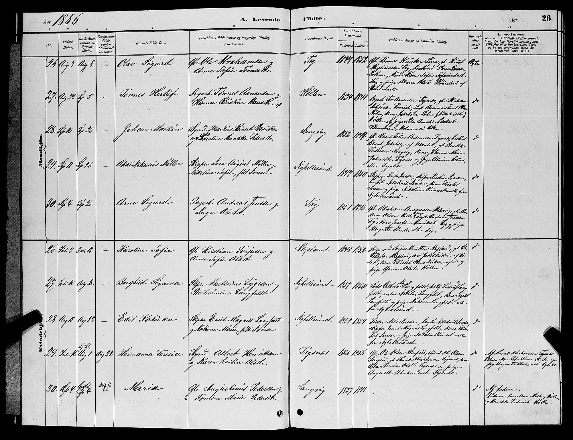 Søgne sokneprestkontor, AV/SAK-1111-0037/F/Fb/Fbb/L0005: Parish register (copy) no. B 5, 1884-1891, p. 26
