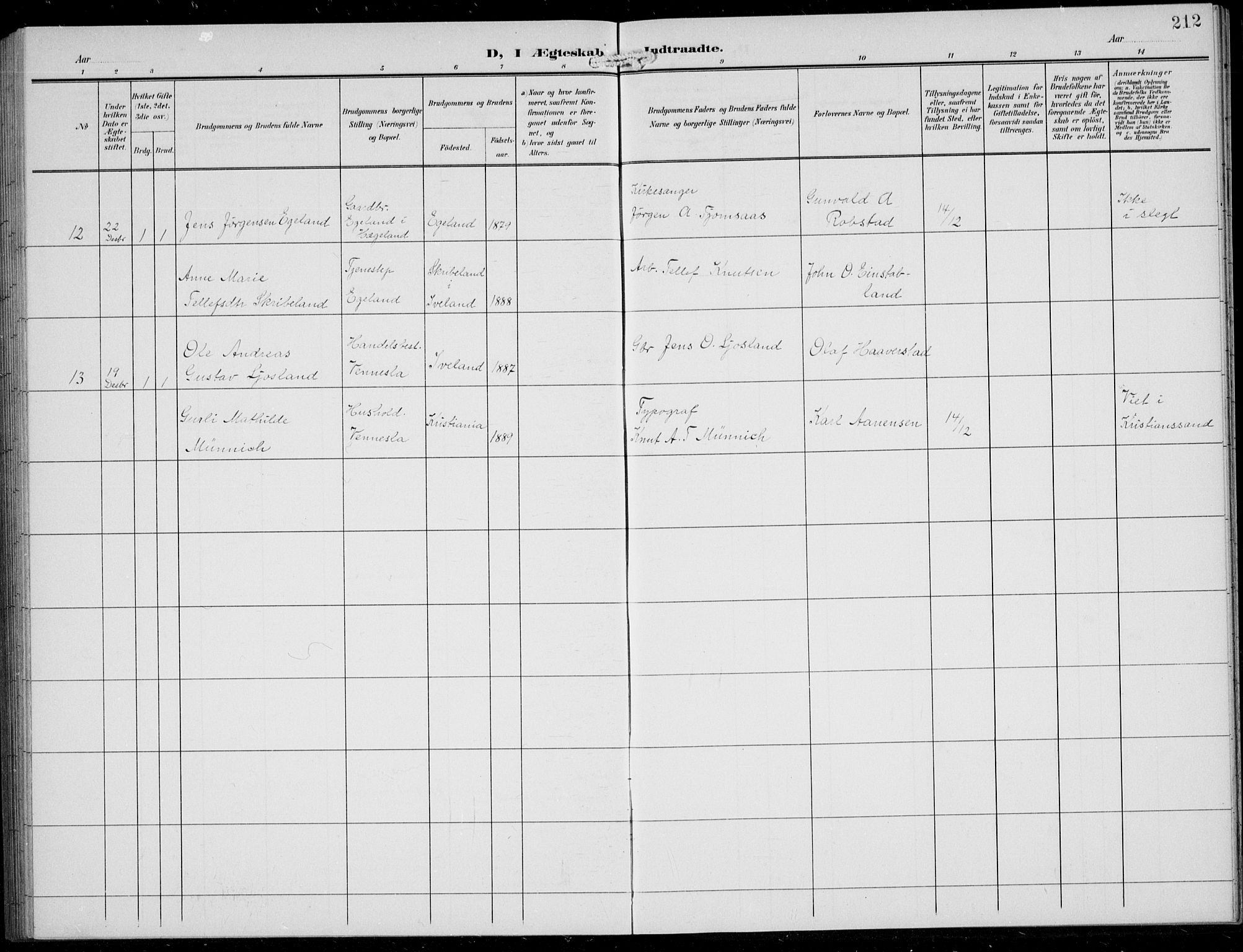 Vennesla sokneprestkontor, AV/SAK-1111-0045/Fb/Fbb/L0005: Parish register (copy) no. B 5, 1903-1913, p. 212