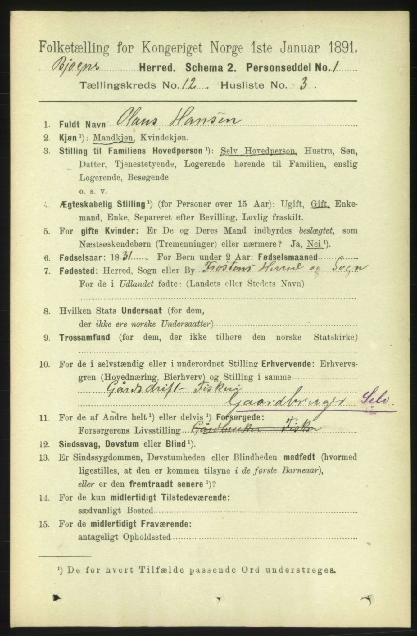 RA, 1891 census for 1627 Bjugn, 1891, p. 3500