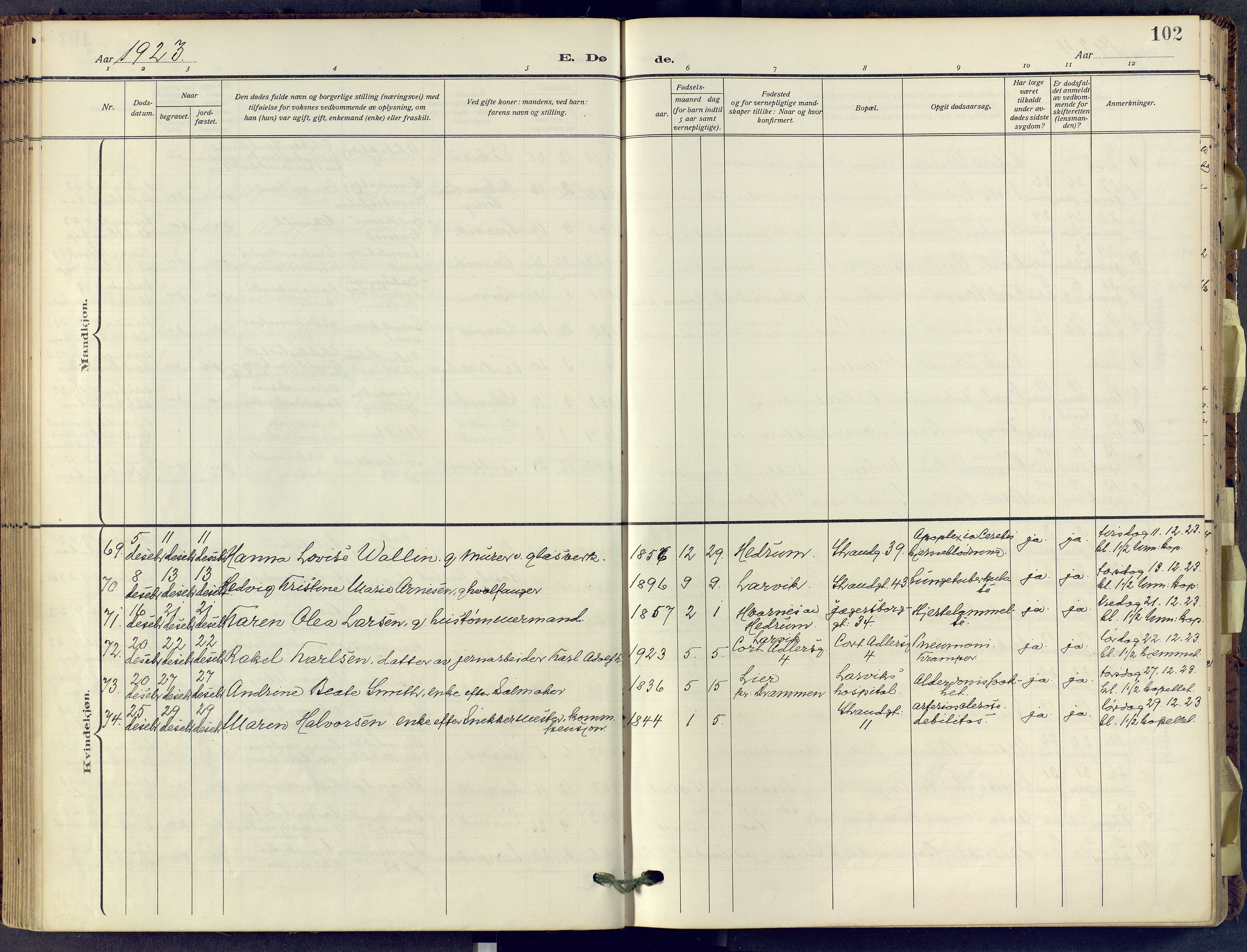 Larvik kirkebøker, SAKO/A-352/F/Fa/L0013: Parish register (official) no. I 13, 1910-1960, p. 102