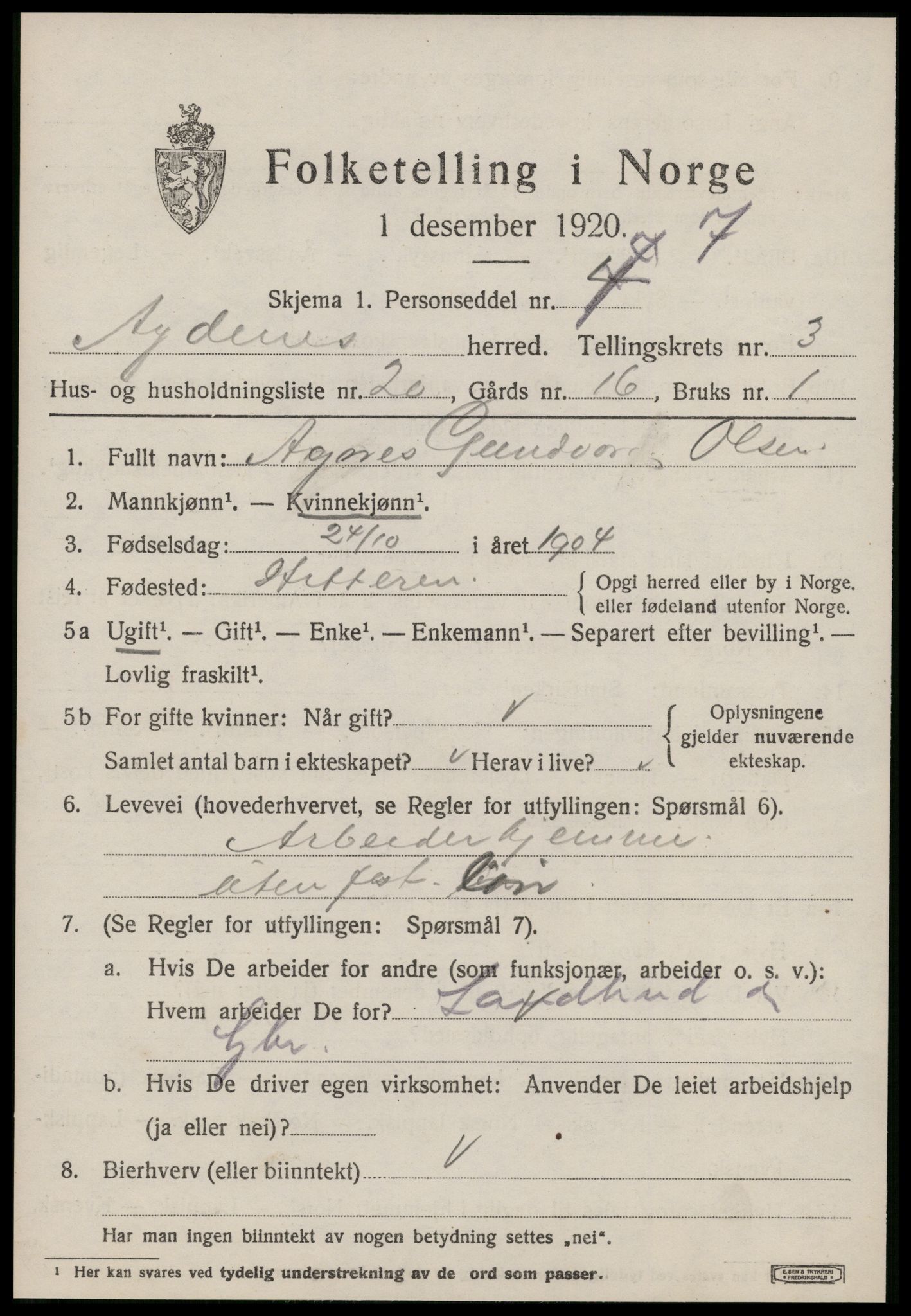 SAT, 1920 census for Agdenes, 1920, p. 2027