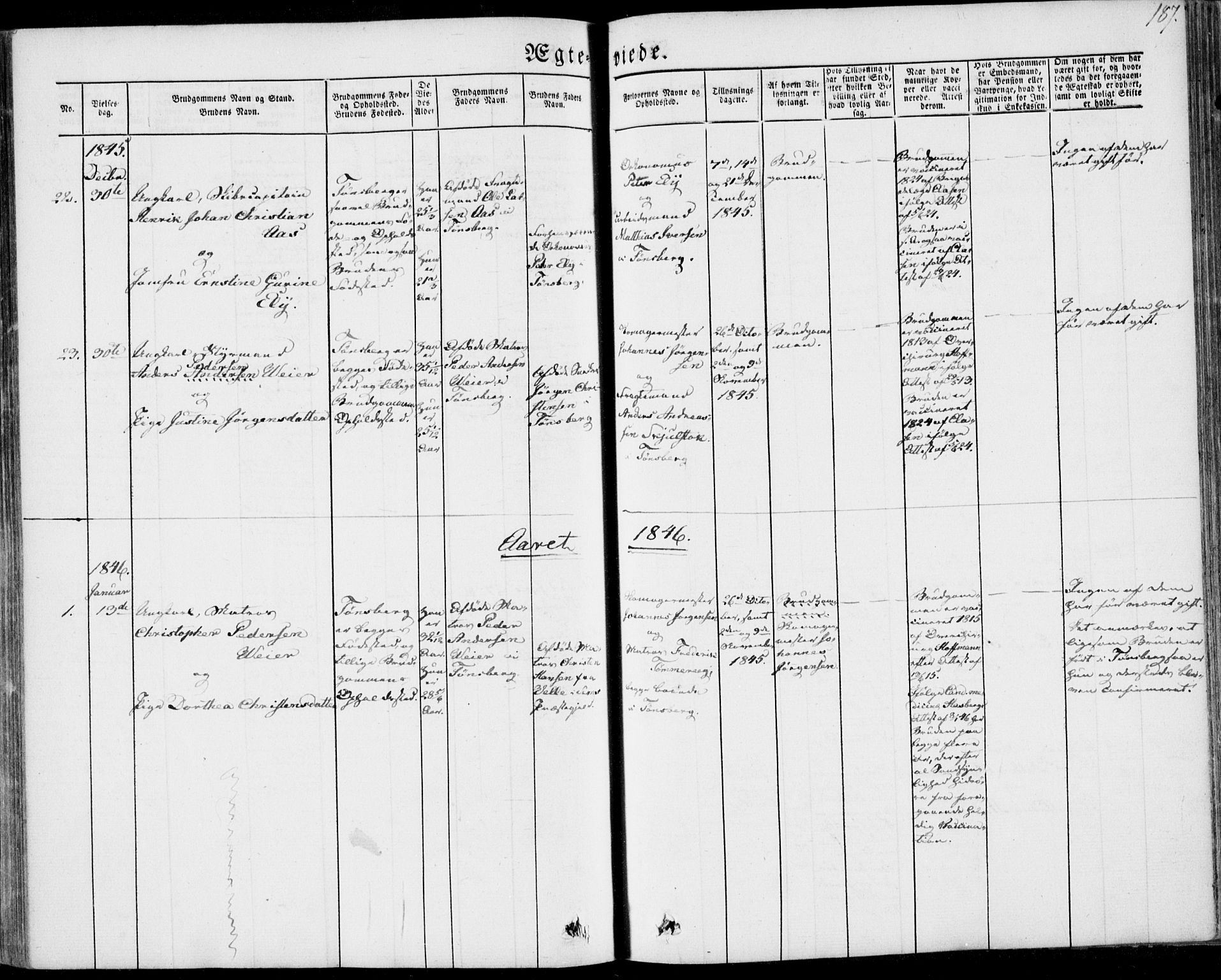 Tønsberg kirkebøker, AV/SAKO-A-330/F/Fa/L0007: Parish register (official) no. I 7, 1845-1854, p. 187