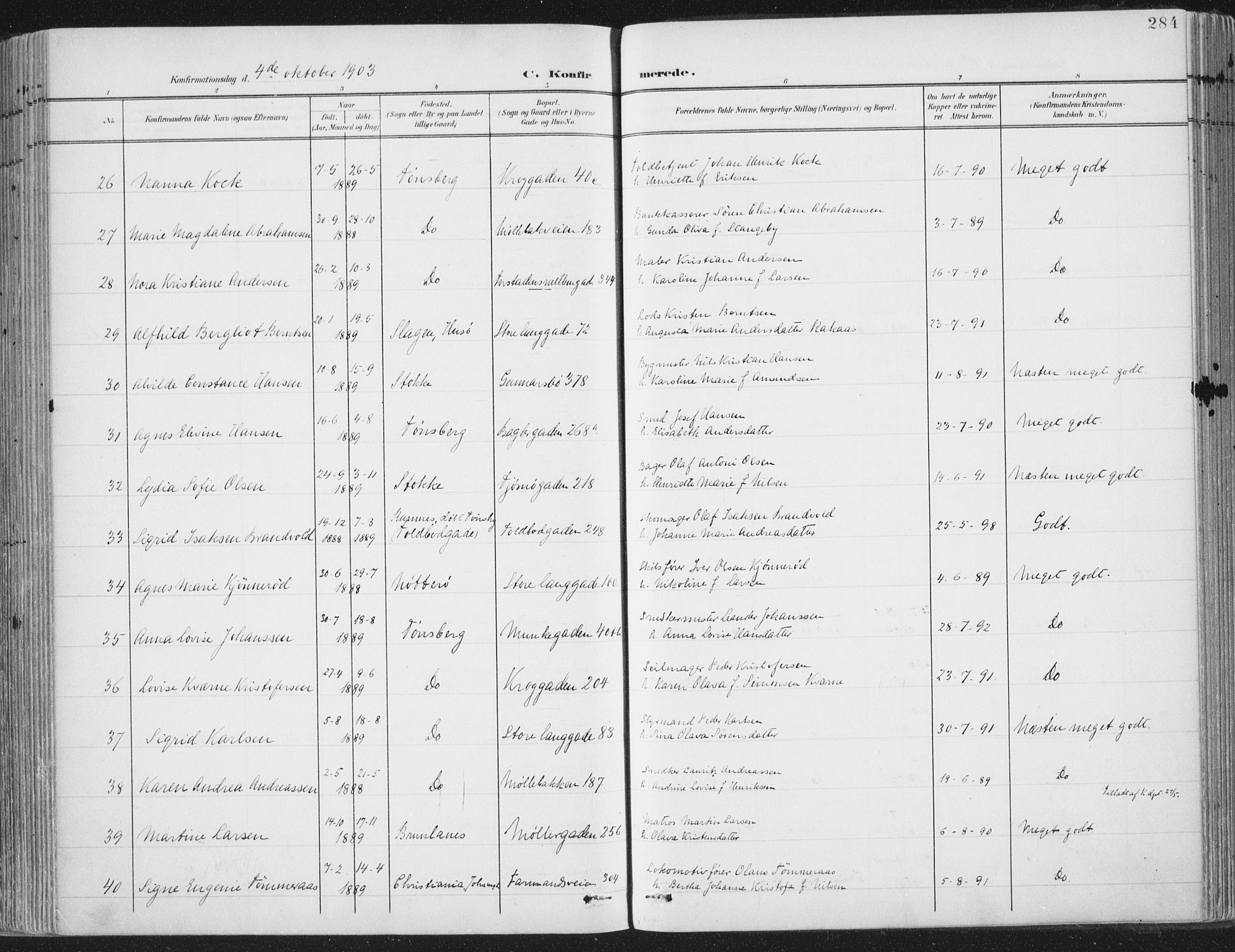 Tønsberg kirkebøker, SAKO/A-330/F/Fa/L0014: Parish register (official) no. I 14, 1900-1913, p. 284
