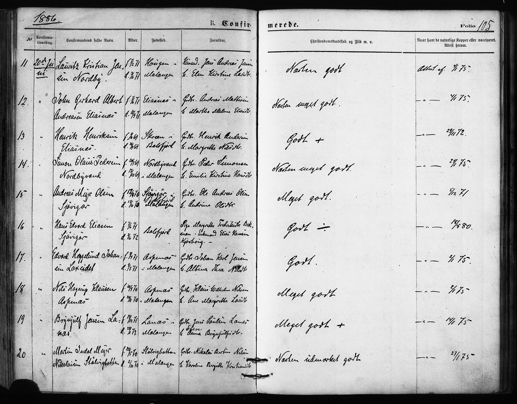 Balsfjord sokneprestembete, SATØ/S-1303/G/Ga/L0002kirke: Parish register (official) no. 2, 1871-1886, p. 105