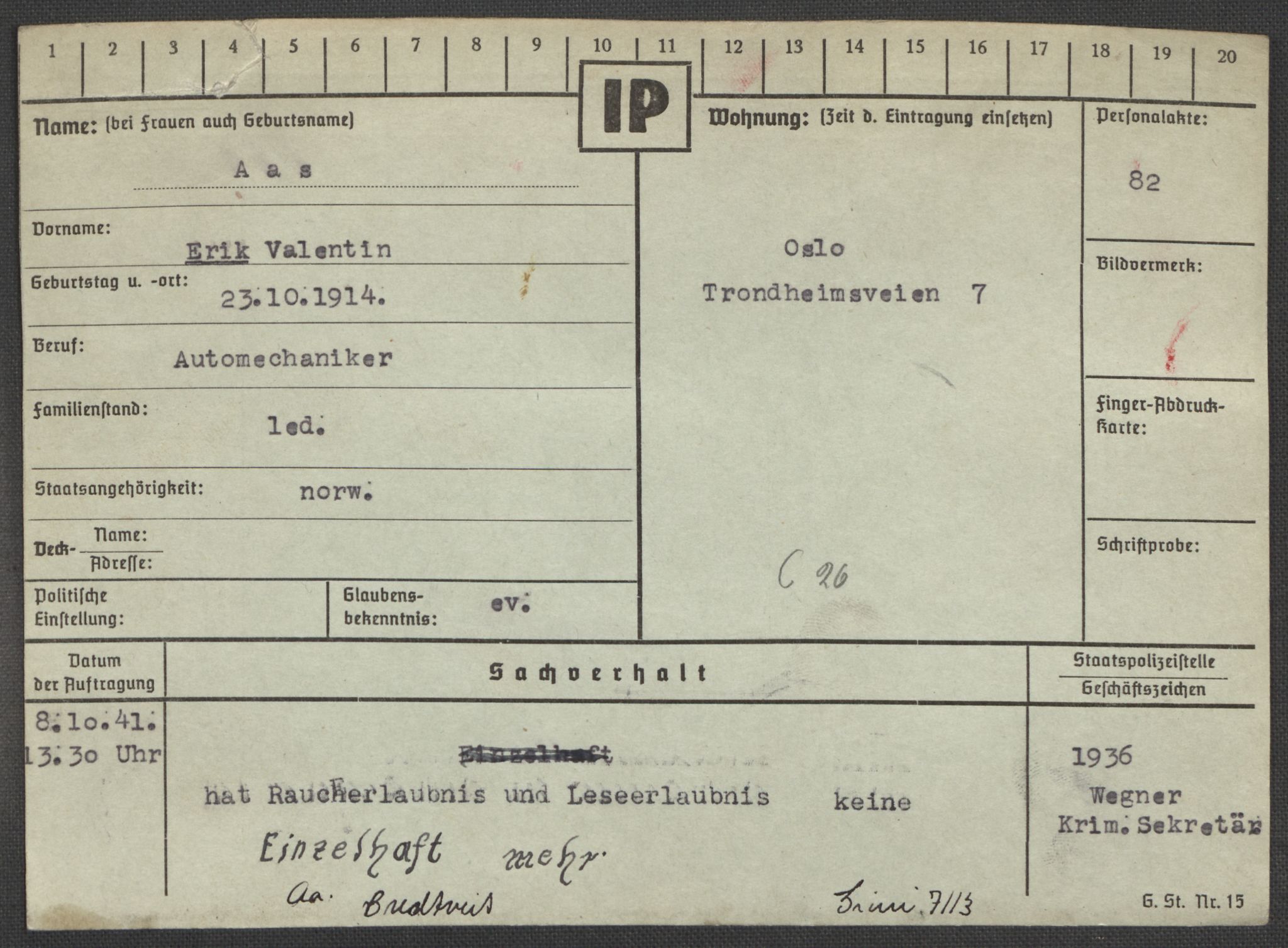 Befehlshaber der Sicherheitspolizei und des SD, RA/RAFA-5969/E/Ea/Eaa/L0010: Register over norske fanger i Møllergata 19: Sø-Å, 1940-1945, p. 1474