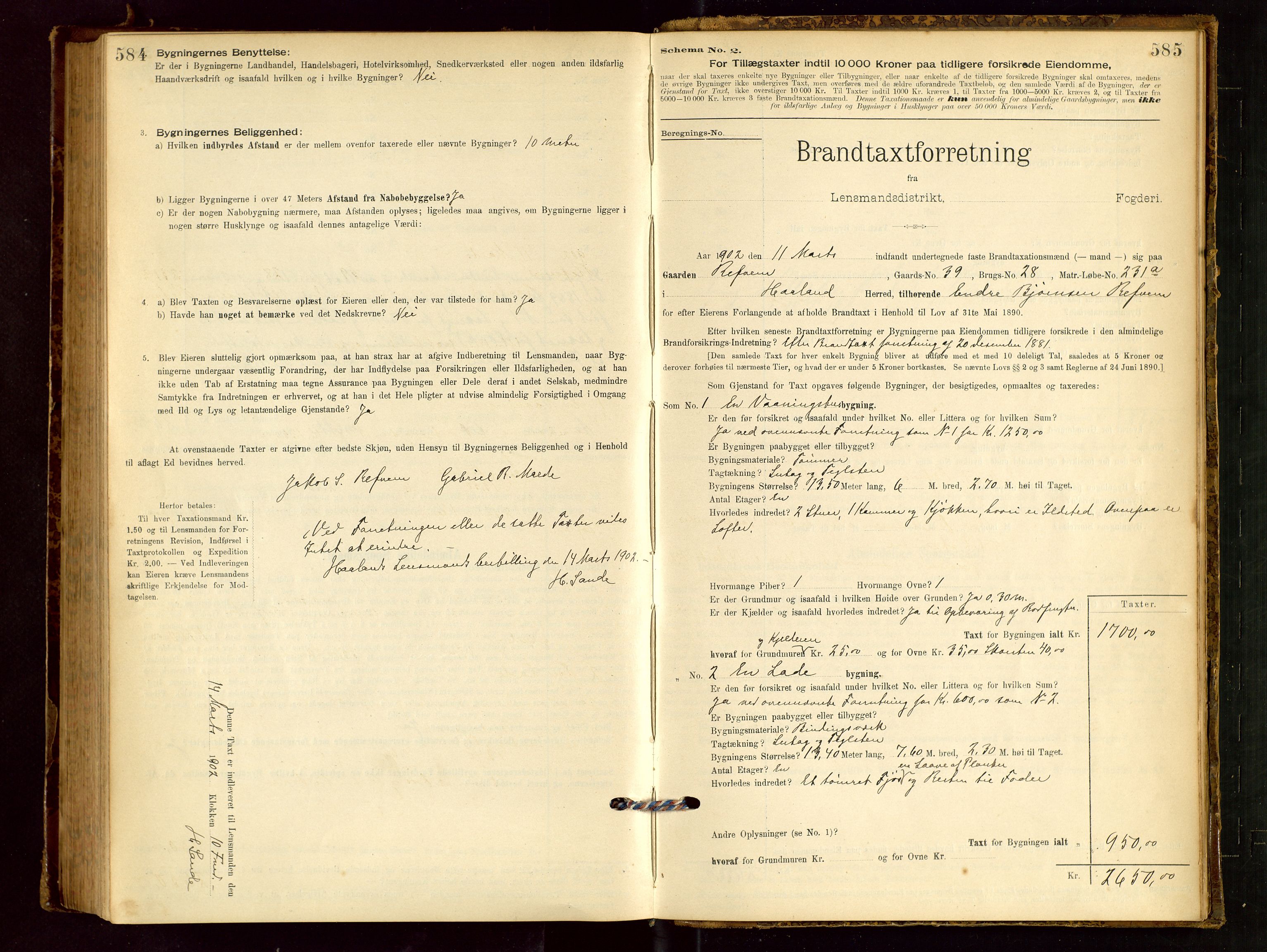 Håland lensmannskontor, AV/SAST-A-100100/Gob/L0001: Branntakstprotokoll - skjematakst. Register i boken., 1894-1902, p. 584-585