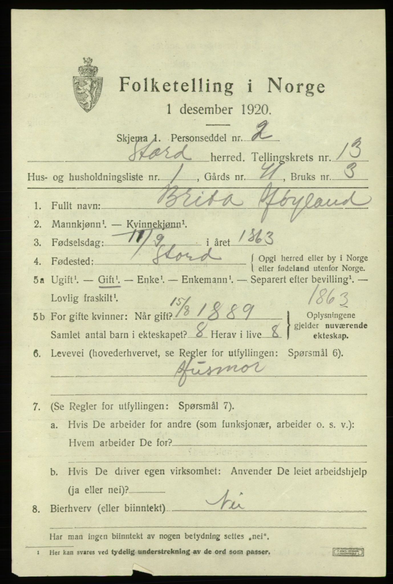 SAB, 1920 census for Stord, 1920, p. 7383