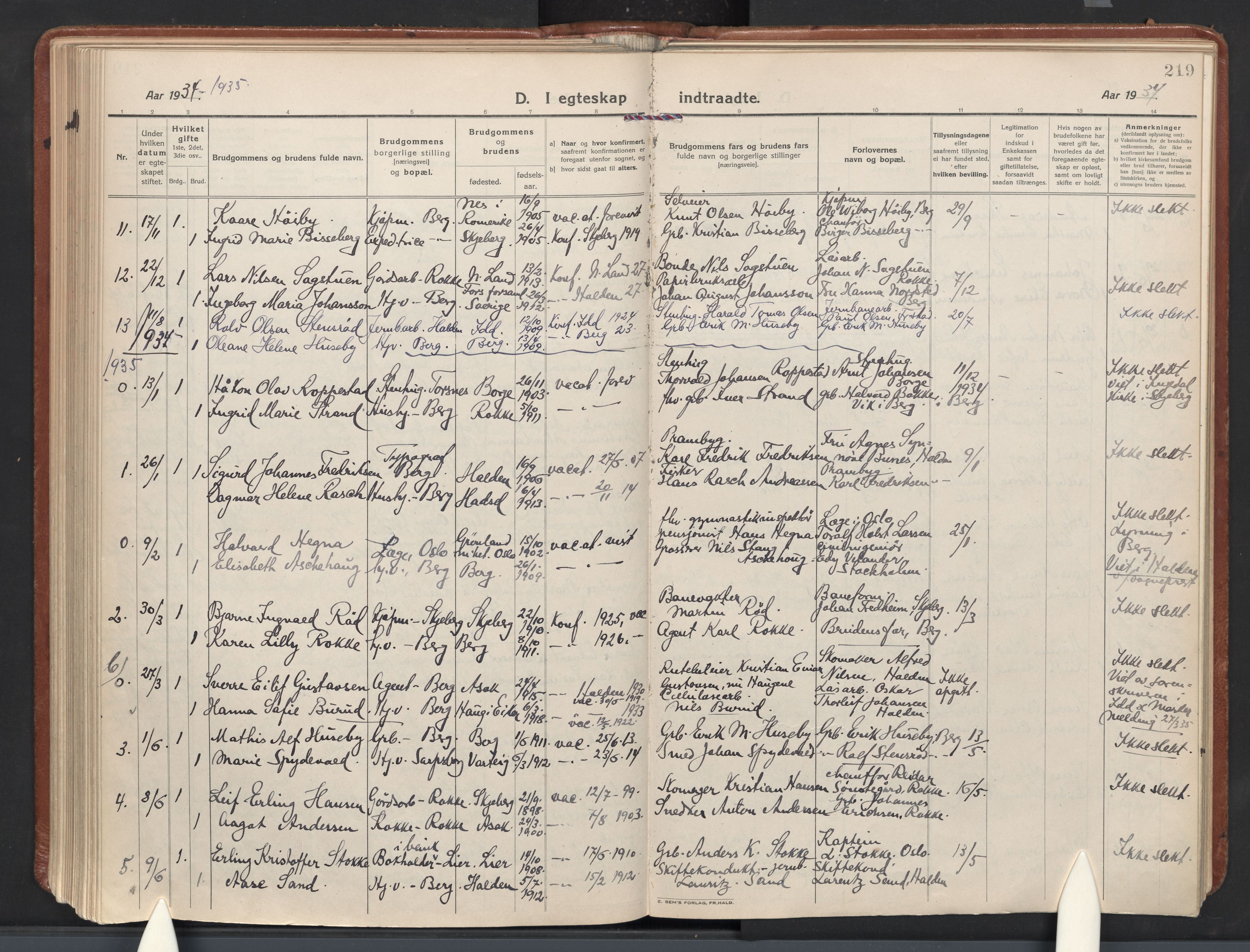 Berg prestekontor Kirkebøker, AV/SAO-A-10902/F/Fa/L0009: Parish register (official) no. I 9, 1921-1939, p. 219