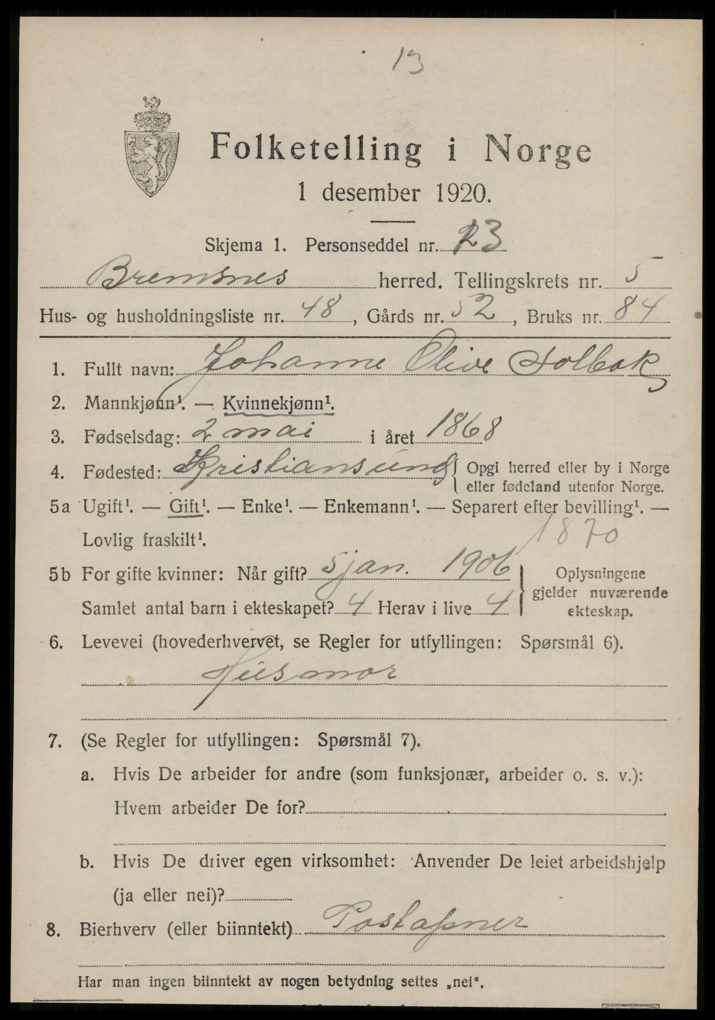 SAT, 1920 census for Bremsnes, 1920, p. 4949