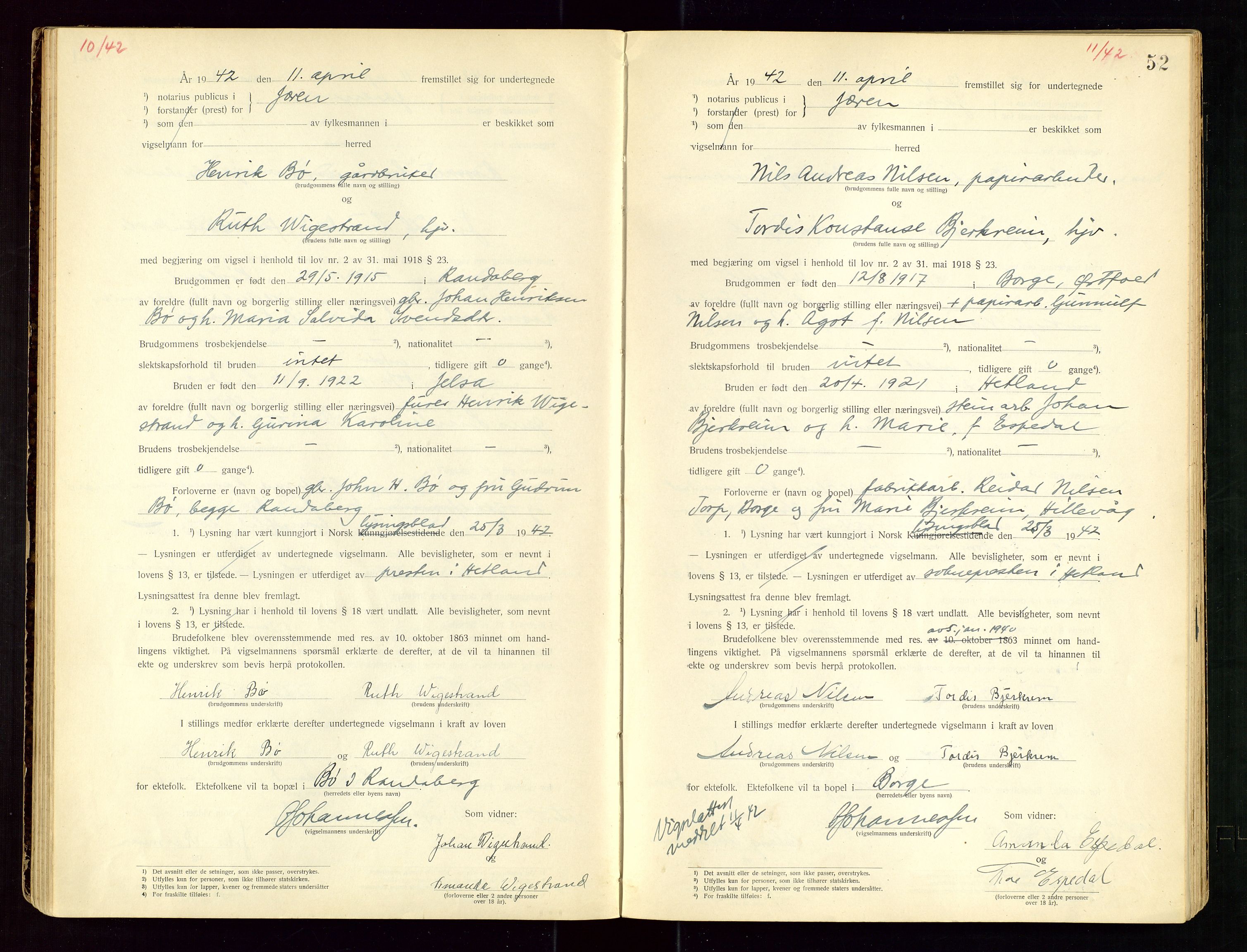 Jæren sorenskriveri, AV/SAST-A-100310/01/6/62/62BA/L0002: VIGSELSPROTOKOLL, 1937-1942, p. 52