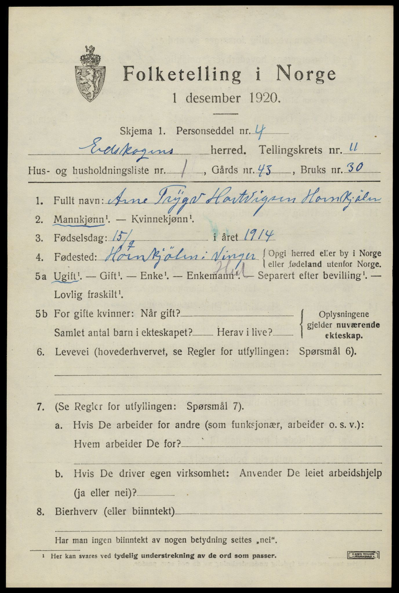 SAH, 1920 census for Eidskog, 1920, p. 11593