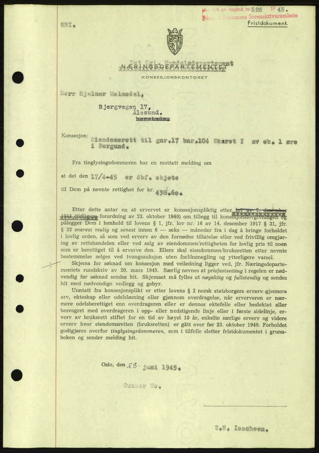 Nordre Sunnmøre sorenskriveri, SAT/A-0006/1/2/2C/2Ca: Mortgage book no. B6-14 a, 1942-1945, Diary no: : 526/1945