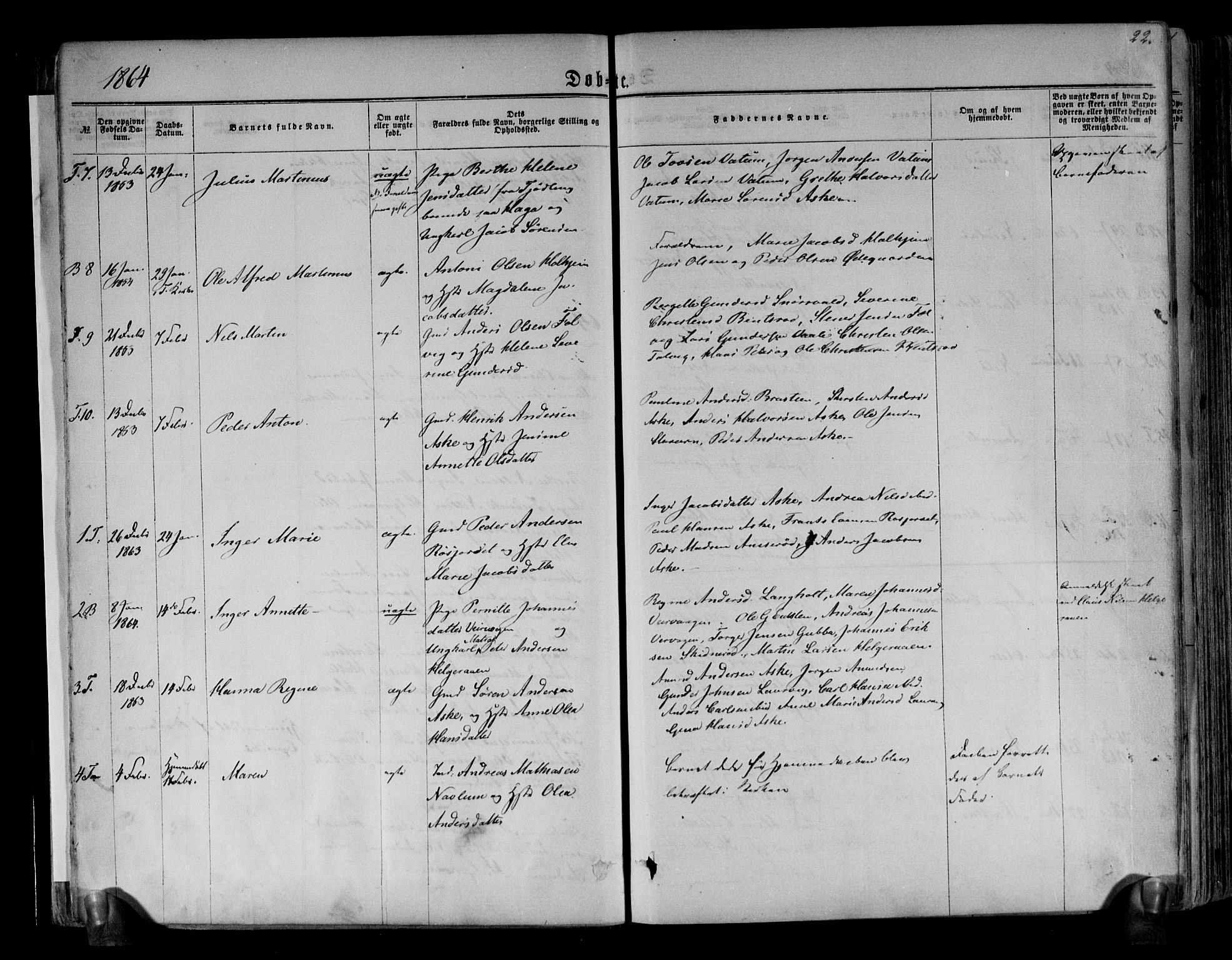 Brunlanes kirkebøker, SAKO/A-342/F/Fa/L0005: Parish register (official) no. I 5, 1862-1877, p. 22
