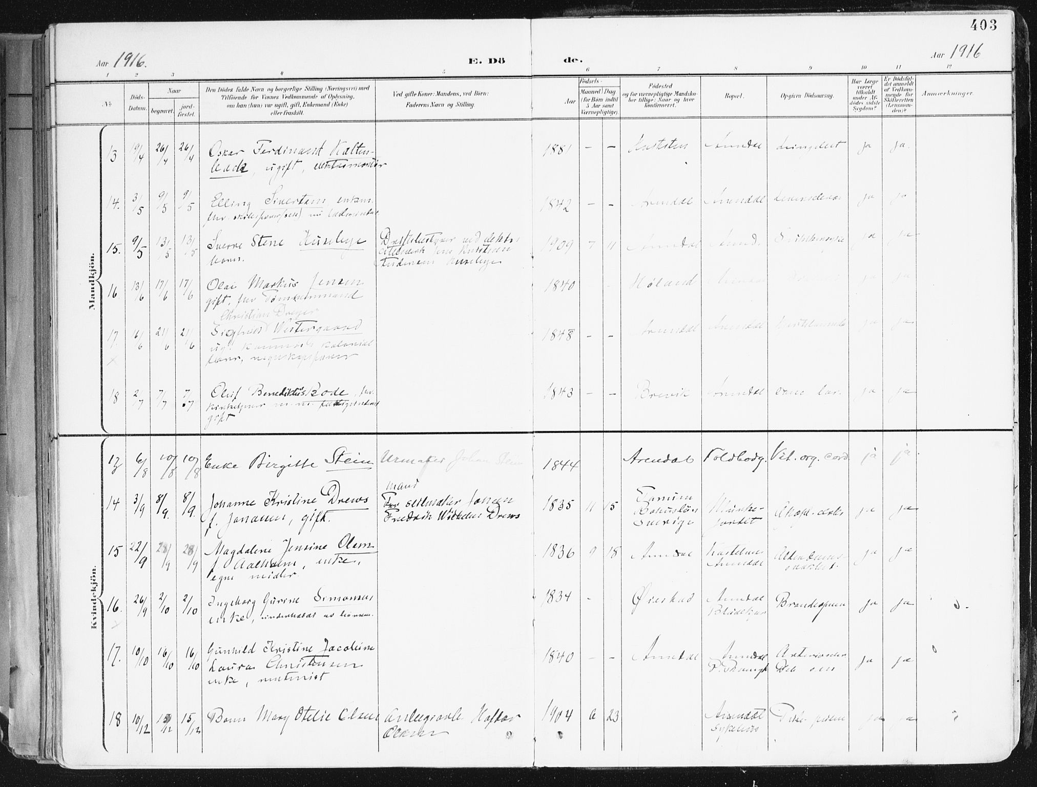 Arendal sokneprestkontor, Trefoldighet, AV/SAK-1111-0040/F/Fa/L0010: Parish register (official) no. A 10, 1900-1919, p. 403