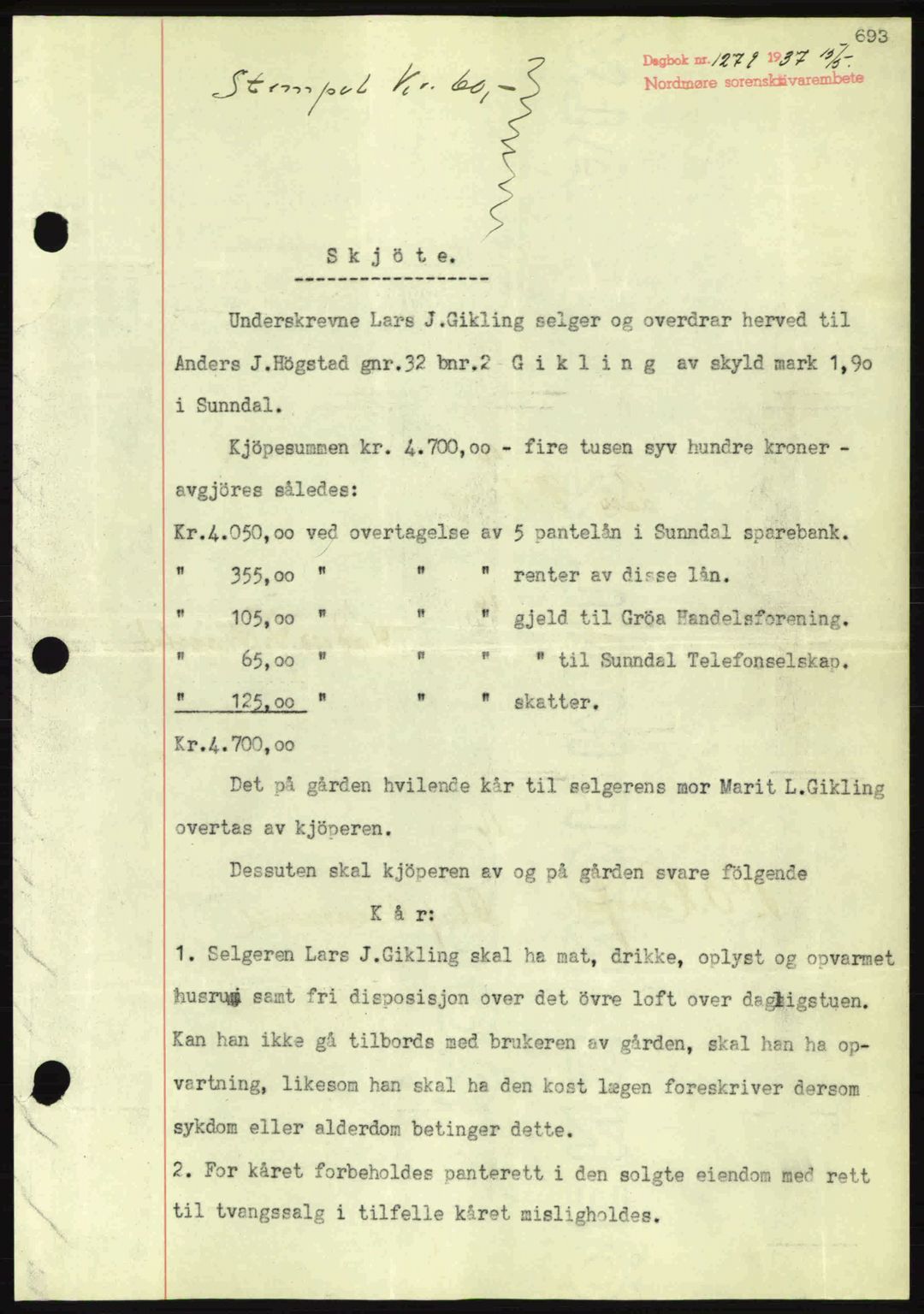 Nordmøre sorenskriveri, AV/SAT-A-4132/1/2/2Ca: Mortgage book no. A81, 1937-1937, Diary no: : 1279/1937