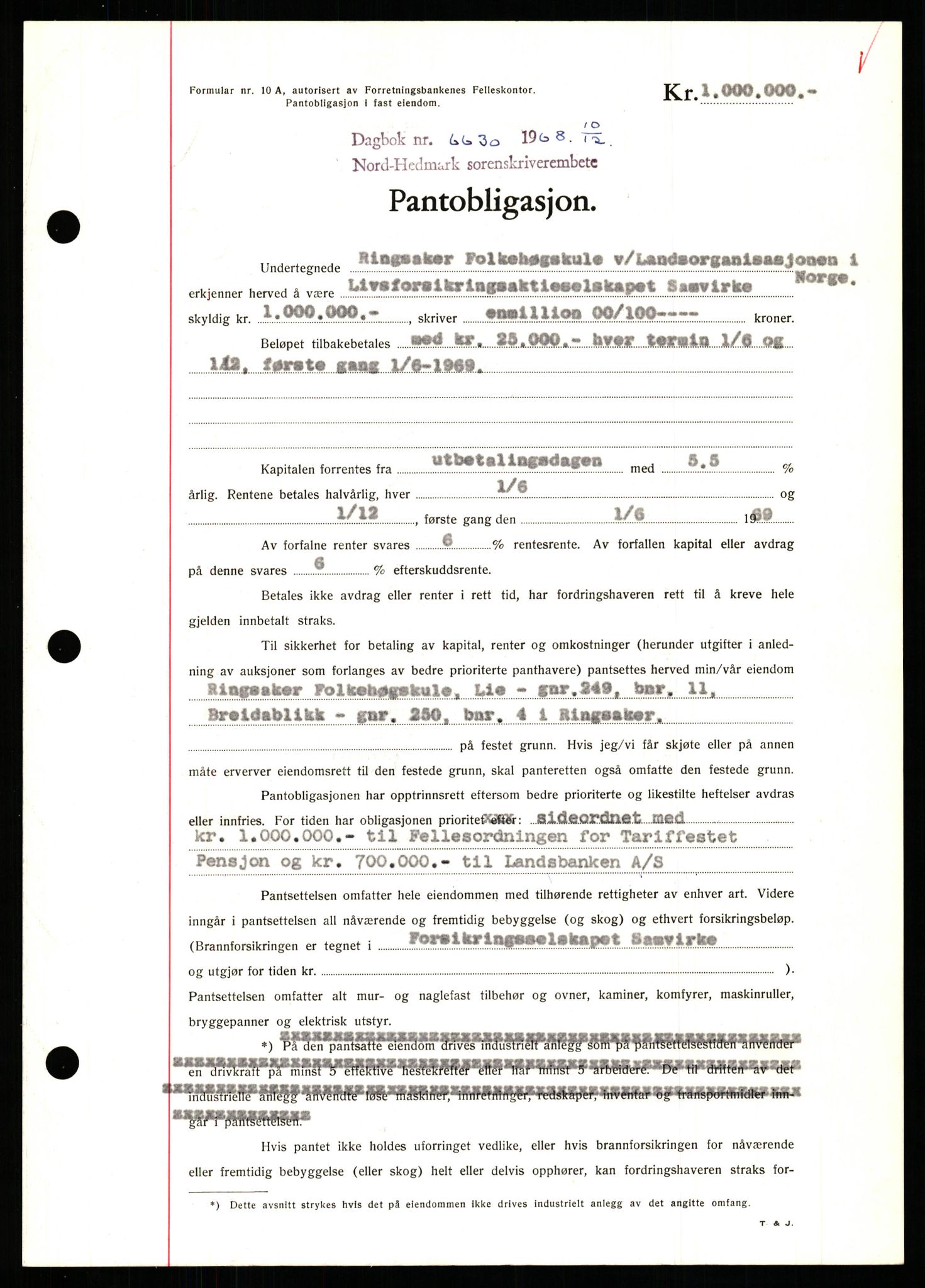 Nord-Hedmark sorenskriveri, SAH/TING-012/H/Hb/Hbf/L0077: Mortgage book no. B77, 1968-1969, Diary no: : 6630/1968