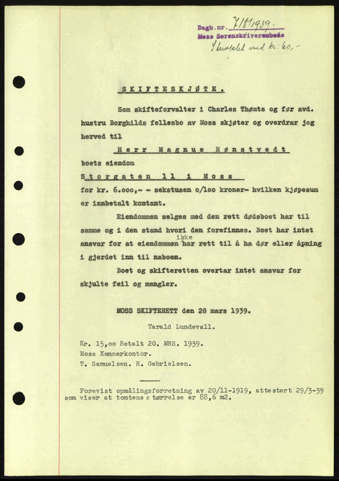 Moss sorenskriveri, SAO/A-10168: Mortgage book no. A5, 1938-1939, Diary no: : 718/1939