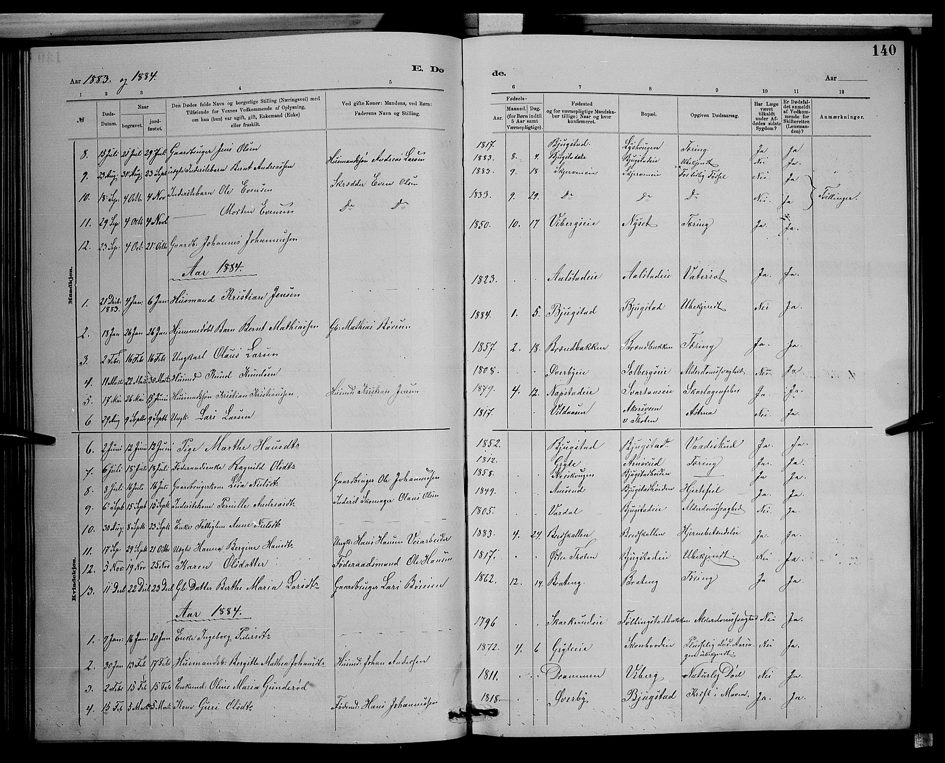 Vardal prestekontor, SAH/PREST-100/H/Ha/Hab/L0008: Parish register (copy) no. 8, 1881-1898, p. 140