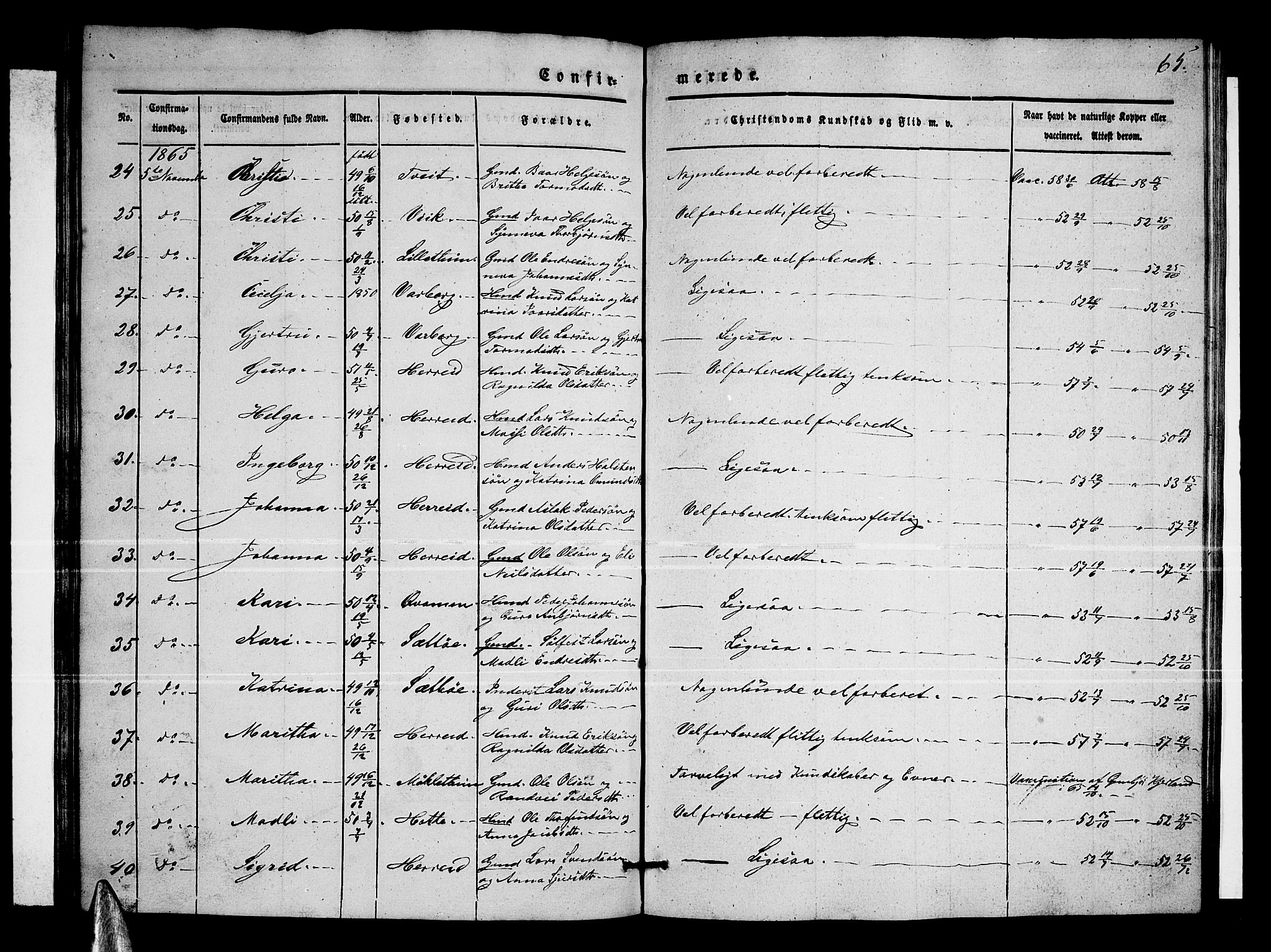 Ullensvang sokneprestembete, SAB/A-78701/H/Hab: Parish register (copy) no. C 1, 1855-1871, p. 65