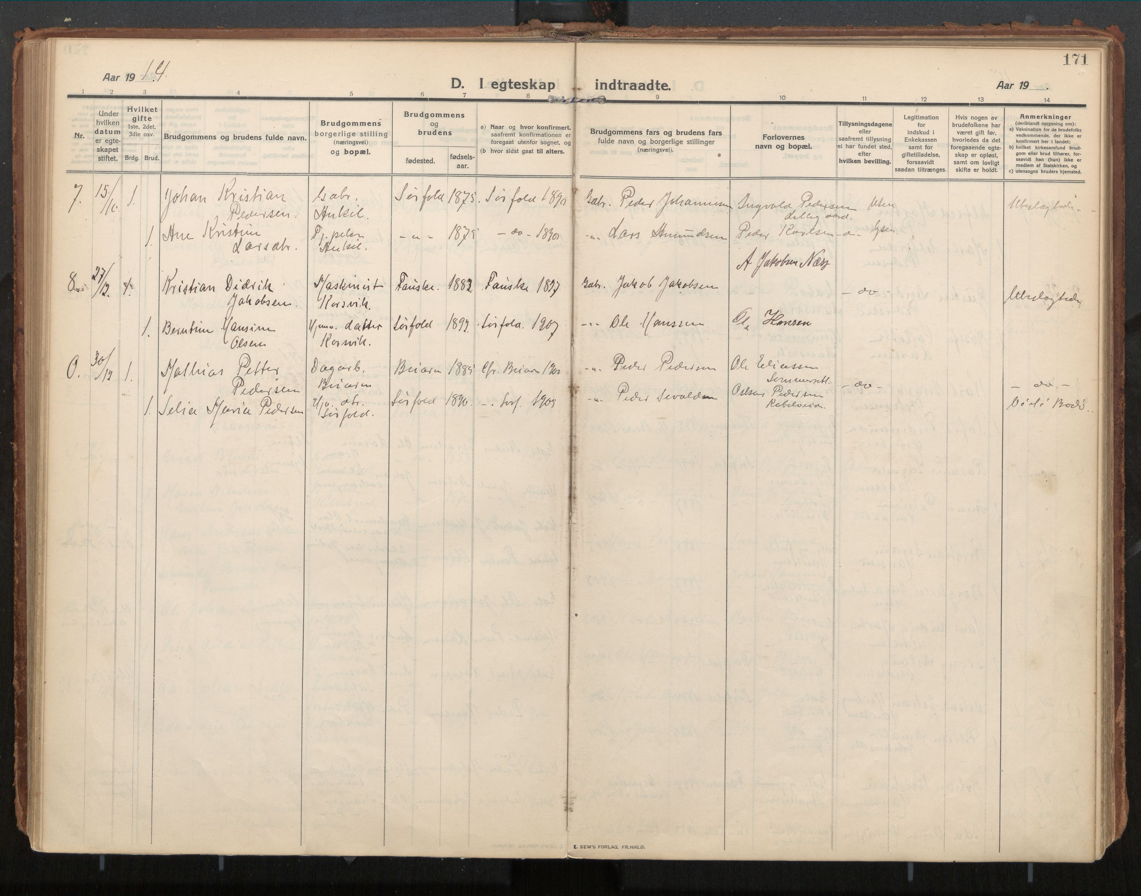 Ministerialprotokoller, klokkerbøker og fødselsregistre - Nordland, SAT/A-1459/854/L0784: Parish register (official) no. 854A07, 1910-1922, p. 171