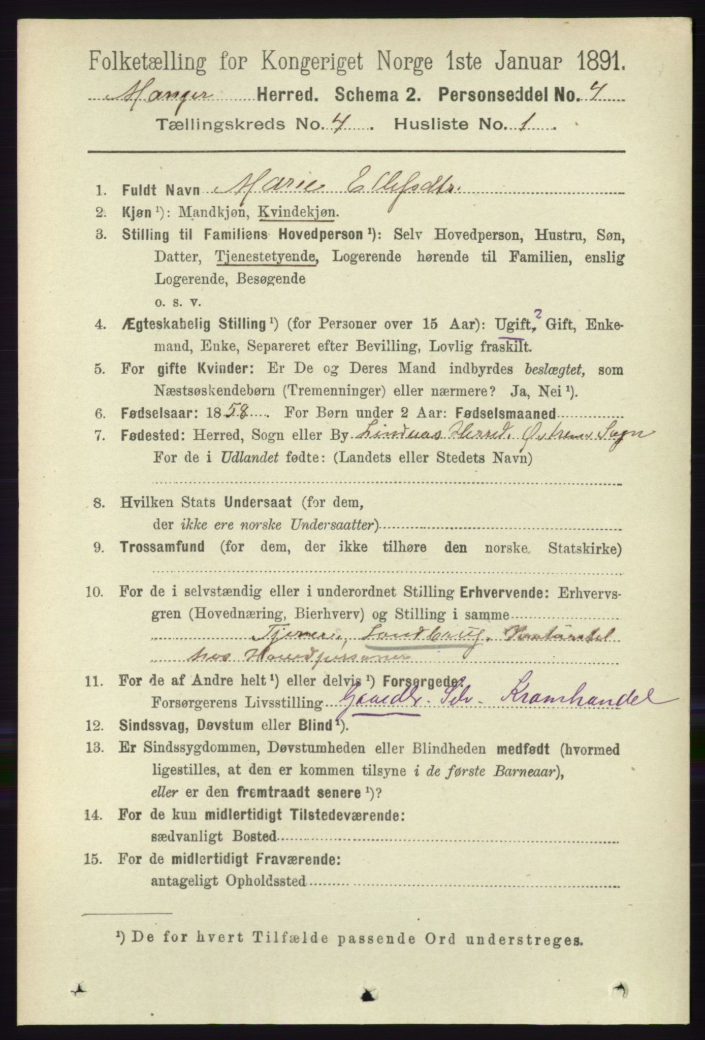 RA, 1891 census for 1261 Manger, 1891, p. 1954