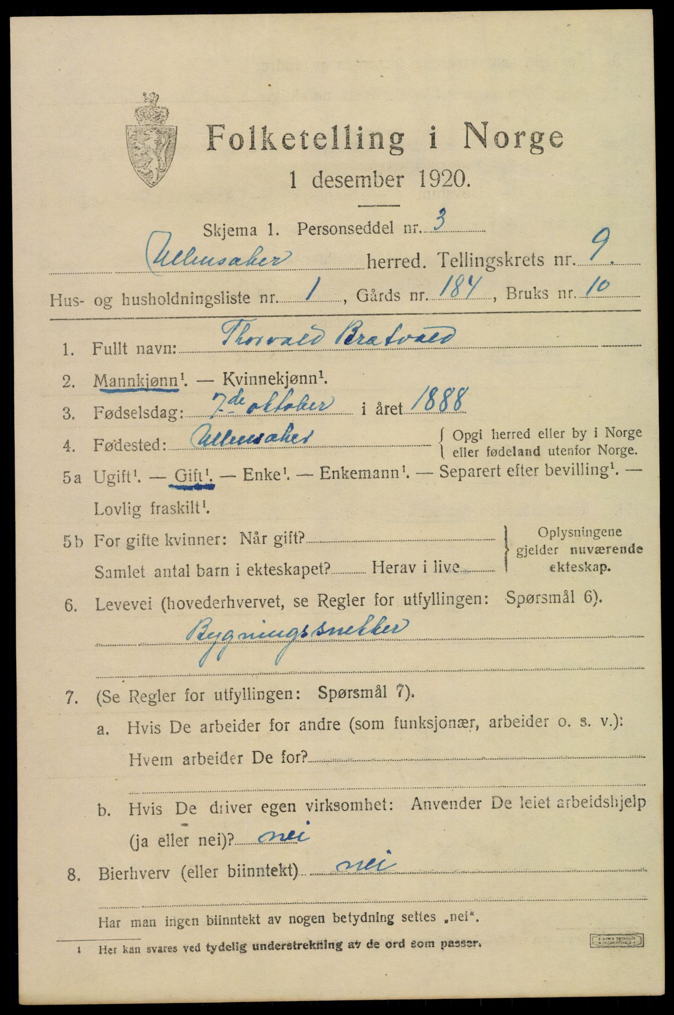 SAO, 1920 census for Ullensaker, 1920, p. 15397