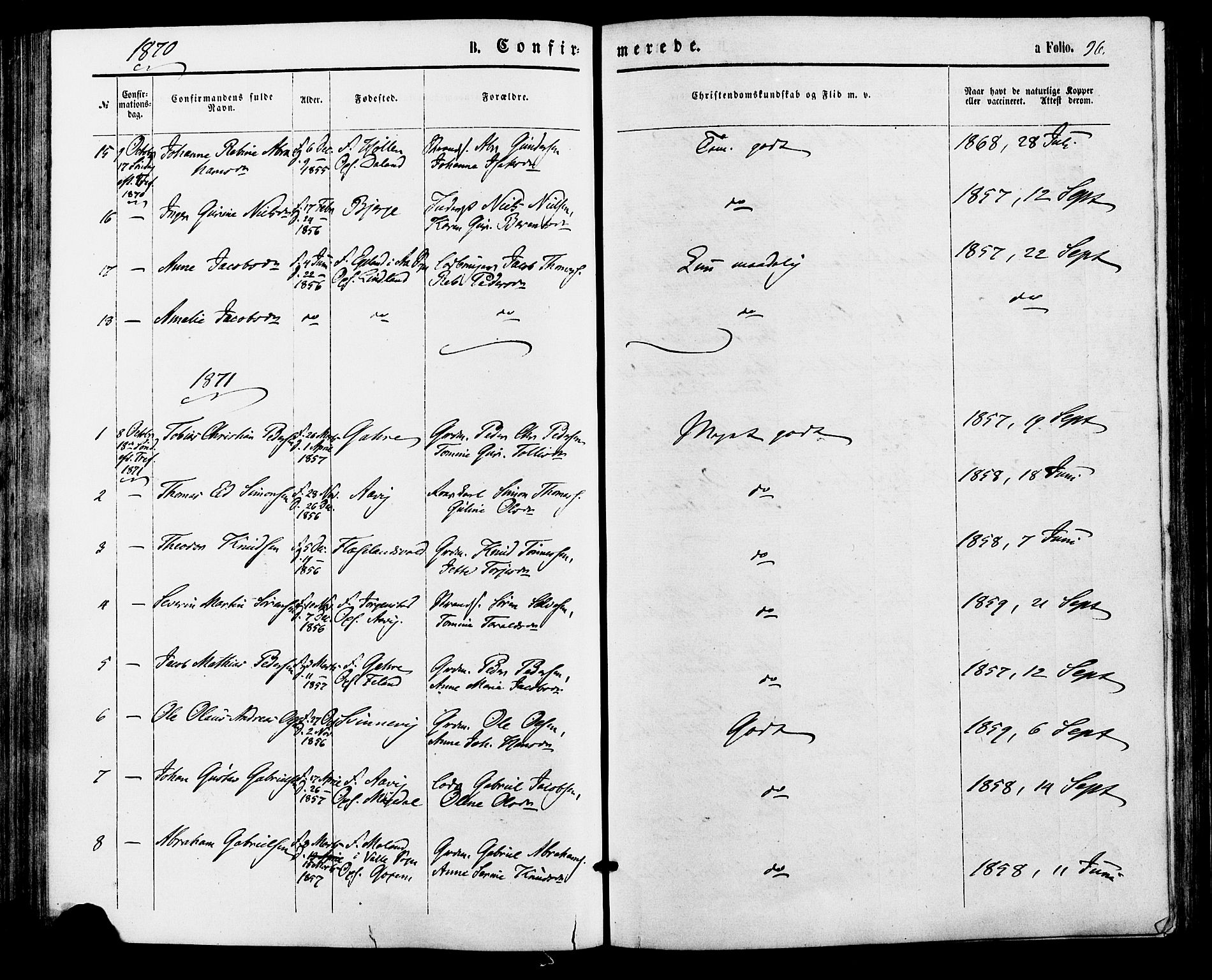 Sør-Audnedal sokneprestkontor, AV/SAK-1111-0039/F/Fa/Faa/L0003: Parish register (official) no. A 3, 1868-1883, p. 96