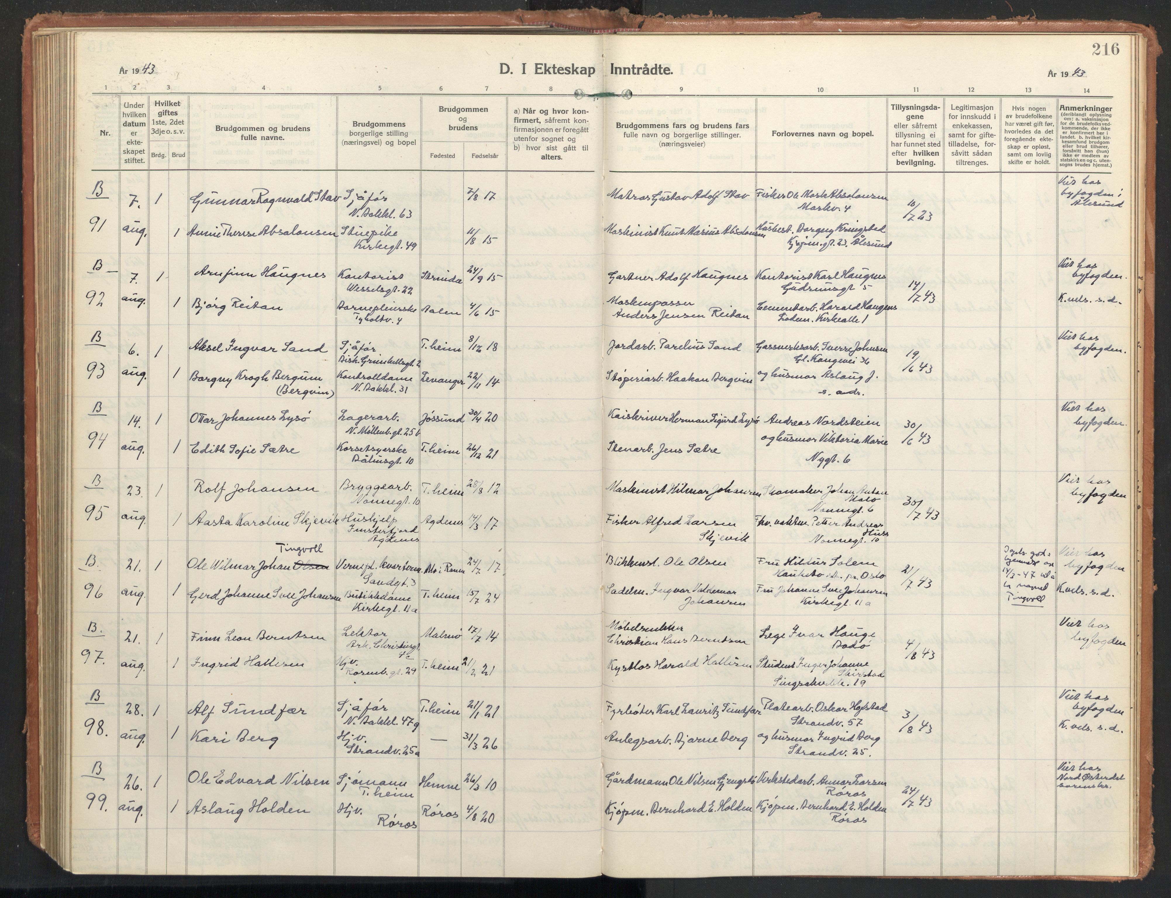 Ministerialprotokoller, klokkerbøker og fødselsregistre - Sør-Trøndelag, AV/SAT-A-1456/604/L0209: Parish register (official) no. 604A29, 1931-1945, p. 216