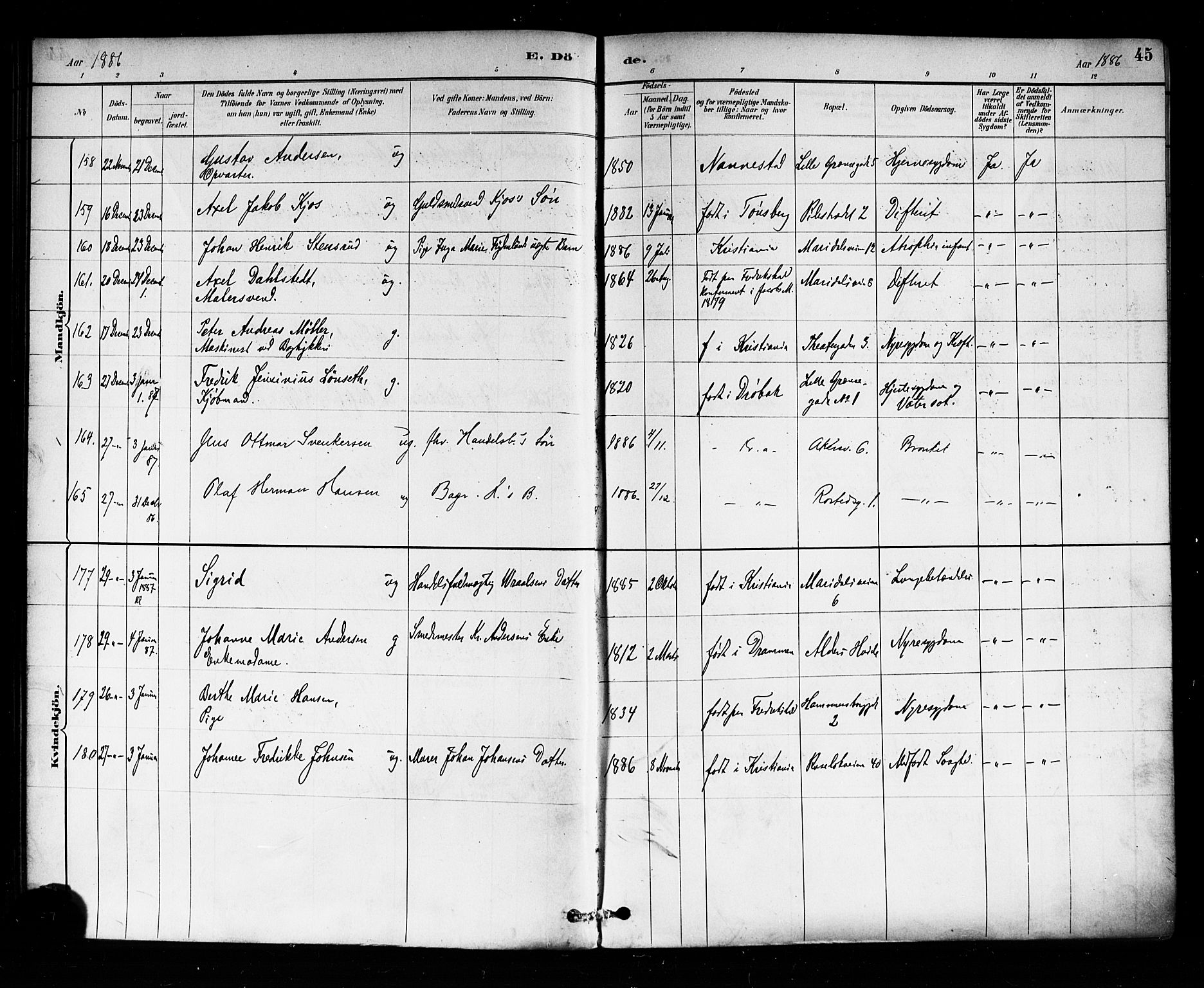 Trefoldighet prestekontor Kirkebøker, AV/SAO-A-10882/F/Fd/L0003: Parish register (official) no. IV 3, 1885-1896, p. 45